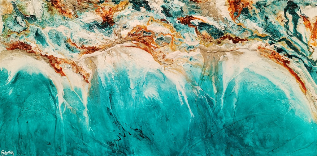 240cm x 120cm Turquoise Rust White Abstract Ocean Wave Textured Canvas Wall Art - Modern Coastal Decor for Living Room, Bedroom & Office