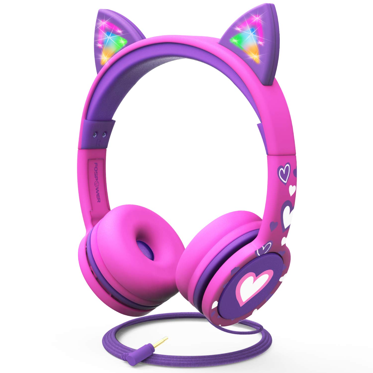 FosPower Kids Headphones with LED Cat Ears - 85dB Safe Volume Limit, 3.5mm Wired On-Ear Headphones with Tangle-Free Cable for iPad, Tablet, School & Travel (Hot Pink/Purple) - Perfect for Online Learning, Airplane Rides & Home Entertainment