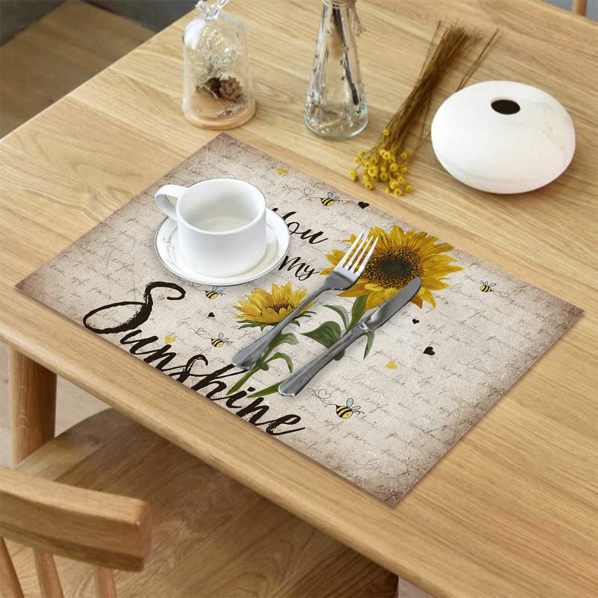 Xspring Sunflower Placemats Set of 4 - Rustic Burlap Table Mats, Heat Resistant & Washable Round Dining Placemats for Kitchen, Patio, Outdoor Picnic - You Are My Sunshine Decor for Farmhouse Style Tables