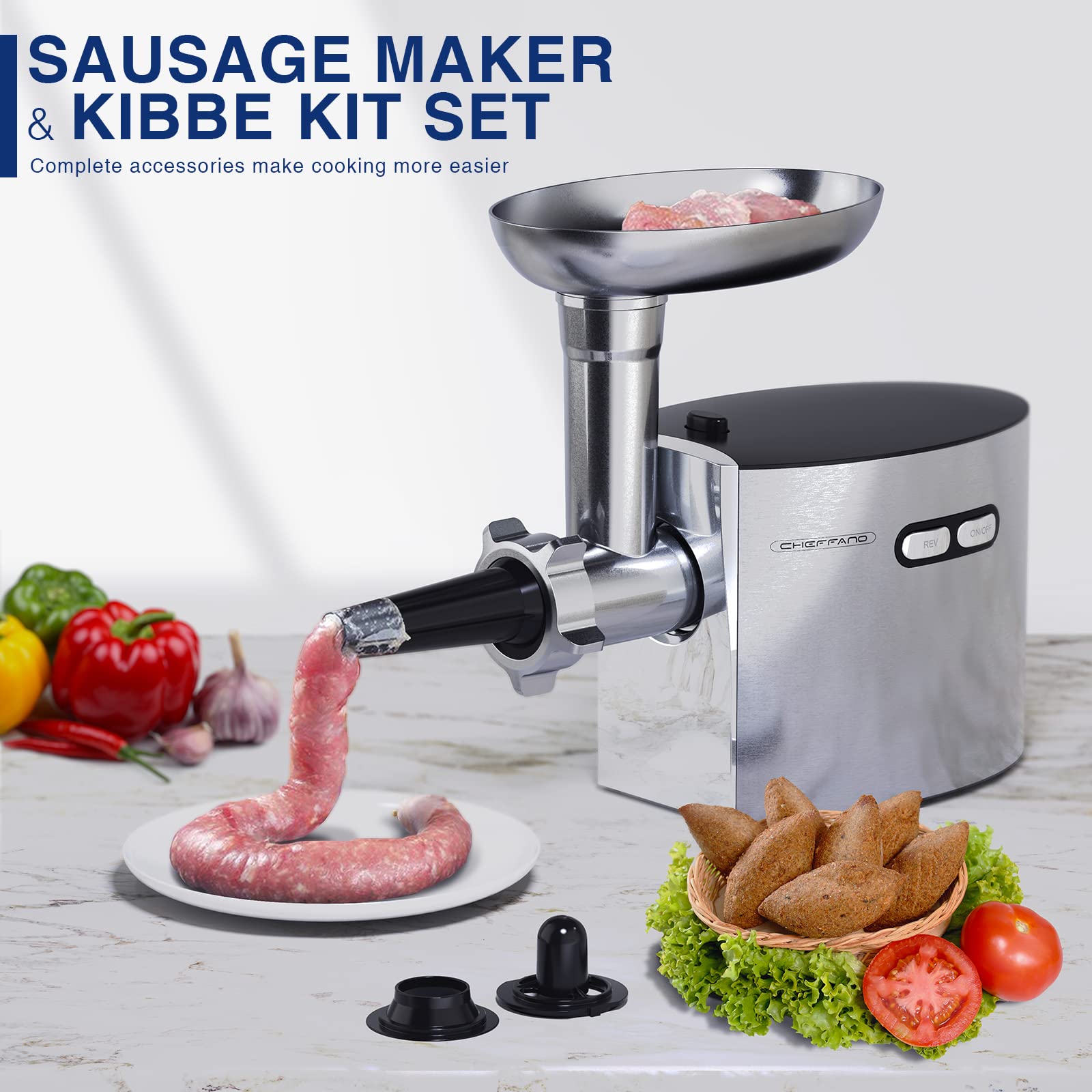 CHEFFANO 2600W Electric Meat Grinder - Heavy Duty Stainless Steel Mincer Machine with 2 Blades, 3 Grinding Plates, Sausage Stuffer & Kubbe Kit - ETL Certified for Home Kitchen, Restaurant & Commercial Use - Perfect for Ground Beef, Sausages & Homemade Pet Food