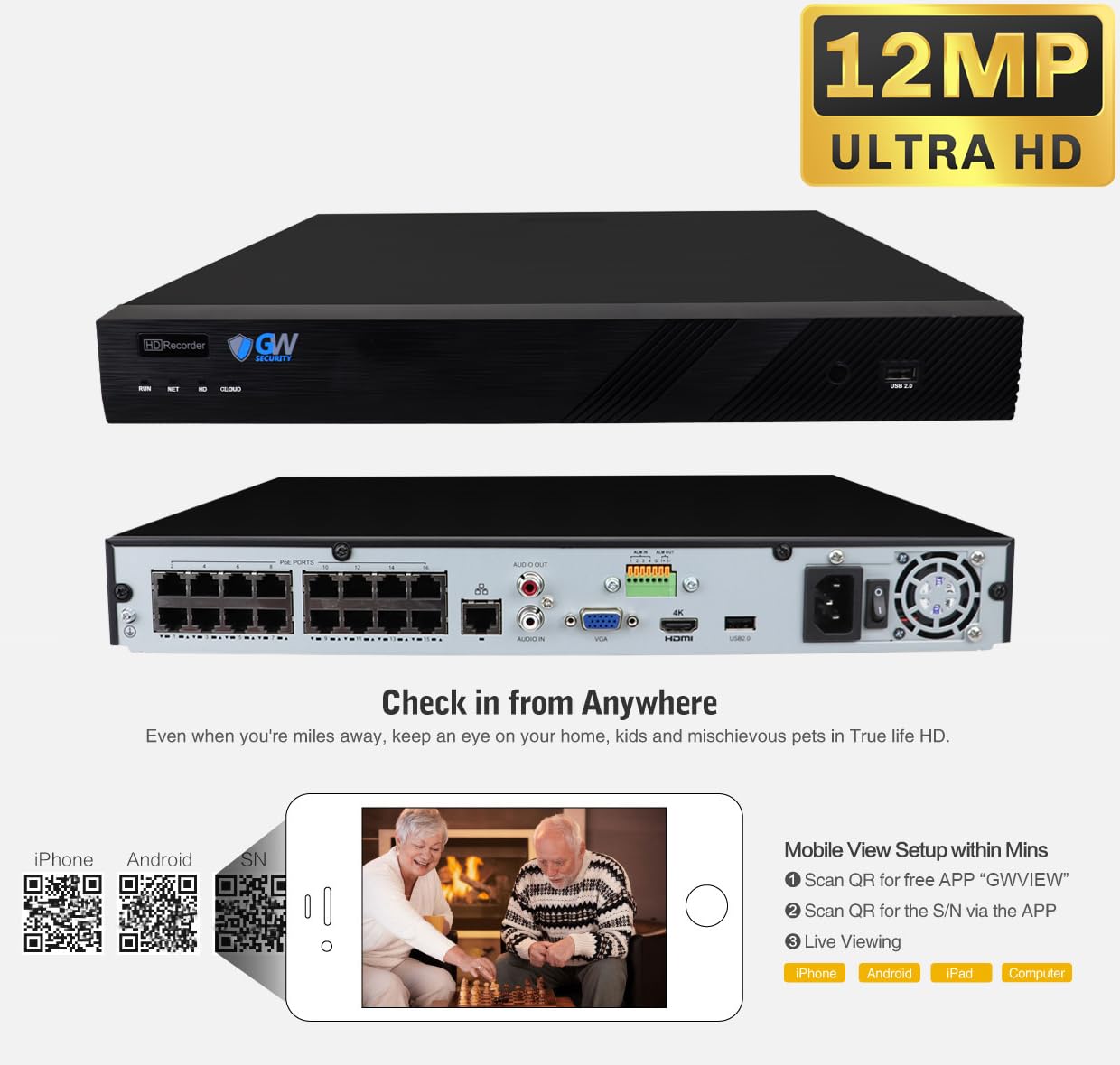 GW Security 16 Channel 12MP NVR H.265+ 4K Full-Color Night Vision Security Camera System with 16 UltraHD 8MP IP PoE Outdoor Cameras | Two-Way Audio, Smart AI Human & Vehicle Detection | Ideal for Home Security, Business Surveillance & Property Protection