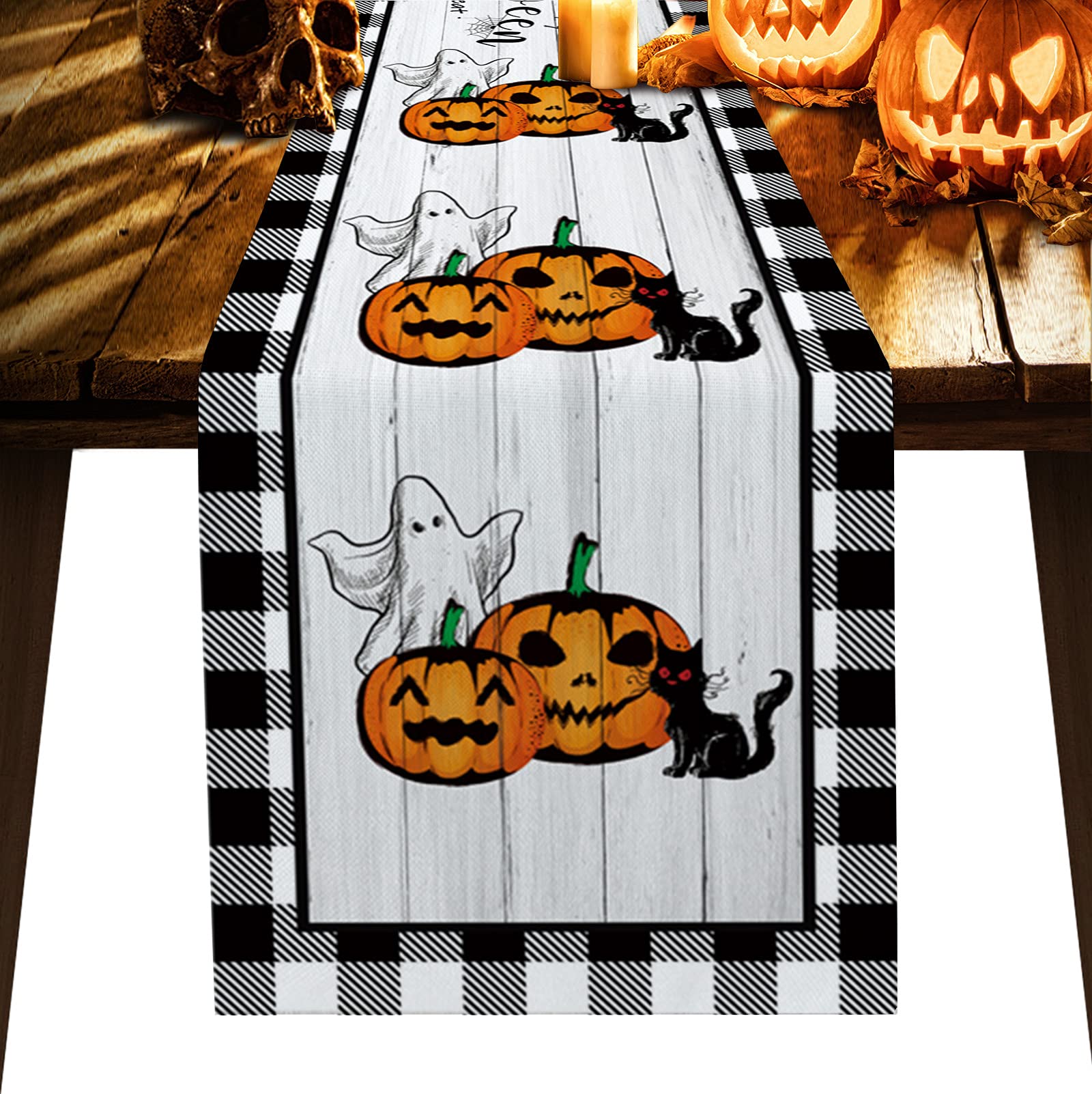 Halloween Burlap Table Runner 72 Inches - Pumpkin Ghost Black Cat Trick or Treat Buffalo Check Pattern for Kitchen Dining Coffee Table | Holiday Party Decor, Fall Thanksgiving Home Decor