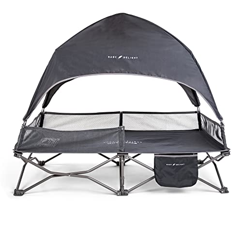 Baby Delight Go with Me Bungalow Deluxe Portable Cot - Lightweight Travel Bed for Toddlers with Sun Canopy | Indoor & Outdoor Use for Camping, Beach, Park & Playdates | Grey