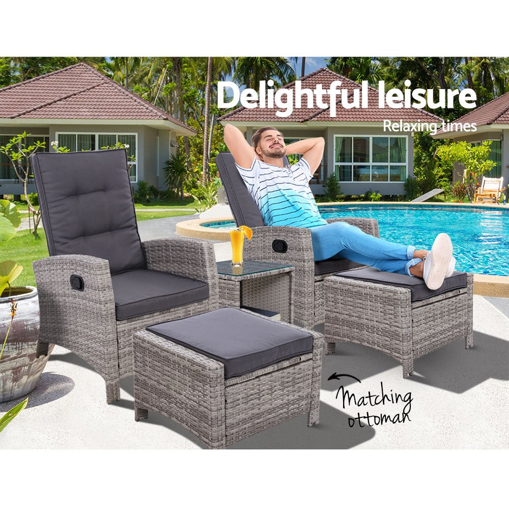 5-Piece Elise Outdoor Recliner Chair Set with Ottoman & Side Table - Grey Patio Furniture for Backyard, Poolside, or Garden Relaxation