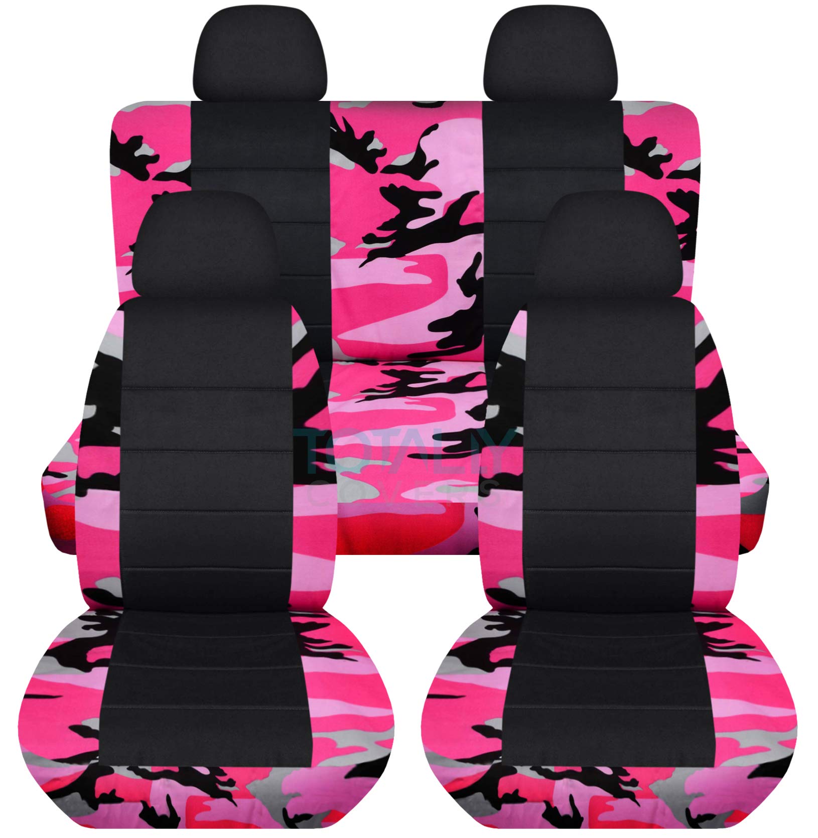 Camouflage & Black Car Seat Covers Full Set with 4 Headrest Covers (2 Front + 2 Rear) - Pink Camo Pattern, Semi-Custom Fit for Any Car, Truck, Van, RV or SUV - 22 Print Options - Perfect for Off-Roading, Hunting & Outdoor Adventures