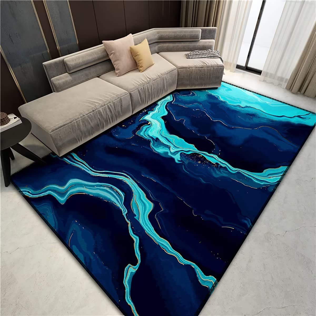 Vintage Navy Blue Marble Textured Area Rug 4'x5' - Abstract Gradient Throw Rug for Living Room, Bedroom & Home Office - Soft Durable Floor Mat Pad - Perfect for Modern Decor, Cozy Spaces & High Traffic Areas