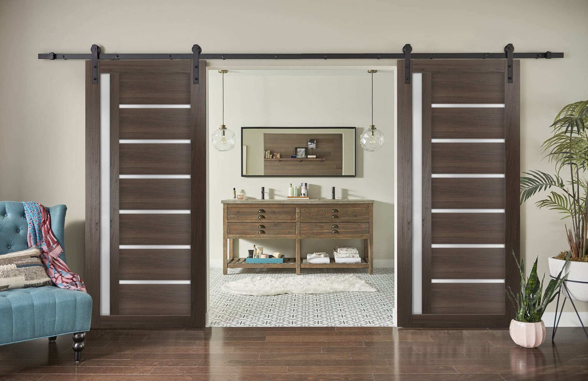 84x84 Inch Sturdy Double Barn Door with Frosted Glass - Quadro 4088 Chocolate Ash Finish | Heavy Duty Top Mount 14FT Rail Hangers | Solid Panel Interior Doors for Bedroom, Closet & Farmhouse Style Homes