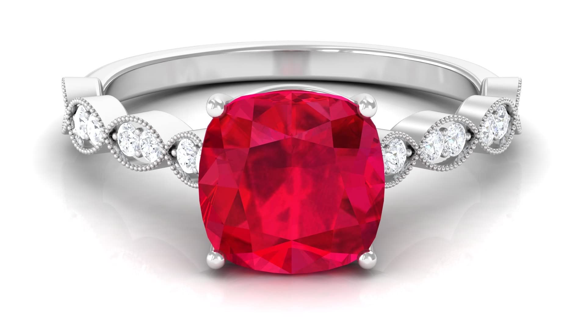 14K Solid Gold Lab Created Ruby & Moissanite Ring - 8MM Cushion Cut Solitaire Milgrain Ring for Women | Elegant Engagement, Anniversary & Wedding Jewelry Gift