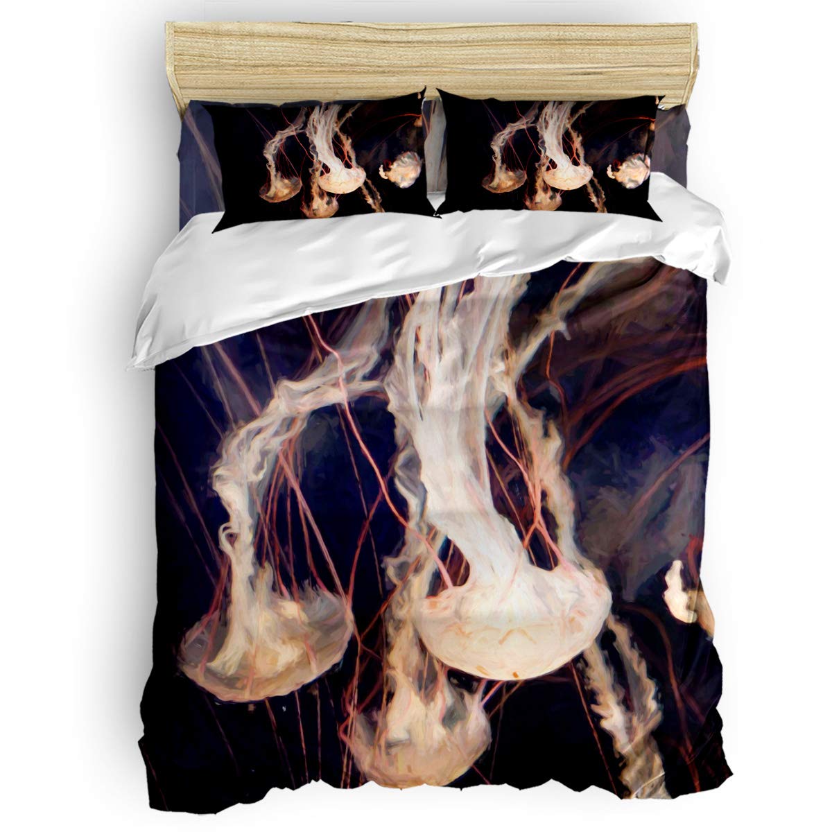 Premium 4-Piece Printed Duvet Cover Set Queen Size - Soft Marine Animal Jellyfish Design Bedding Set with Duvet Cover, Fitted Sheet & Pillow Shams for Kids and Adults - Perfect for Coastal Themed Bedrooms, Guest Rooms & Dorm Decor