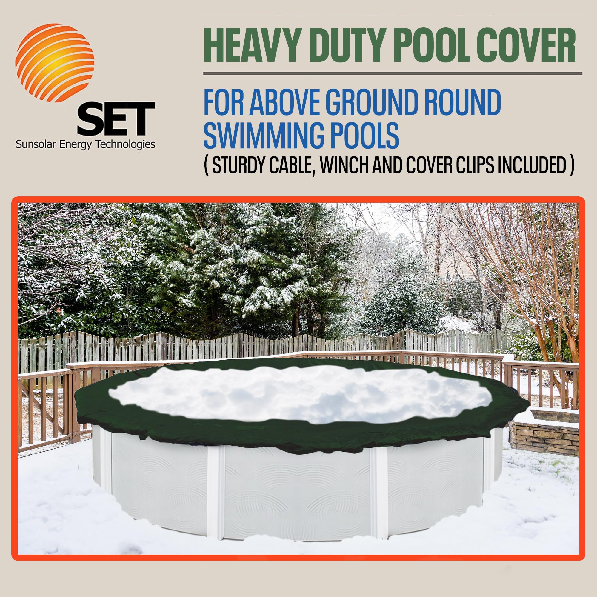Heavy Duty 24-Foot Round Above Ground Pool Cover - Winter Solid Swimming Pool Cover with Sturdy Cable & Winch | SunSolar Energy Technologies | 12-Year Warranty | Includes Clips | Perfect for Winter Protection, Debris Prevention & Energy Savings