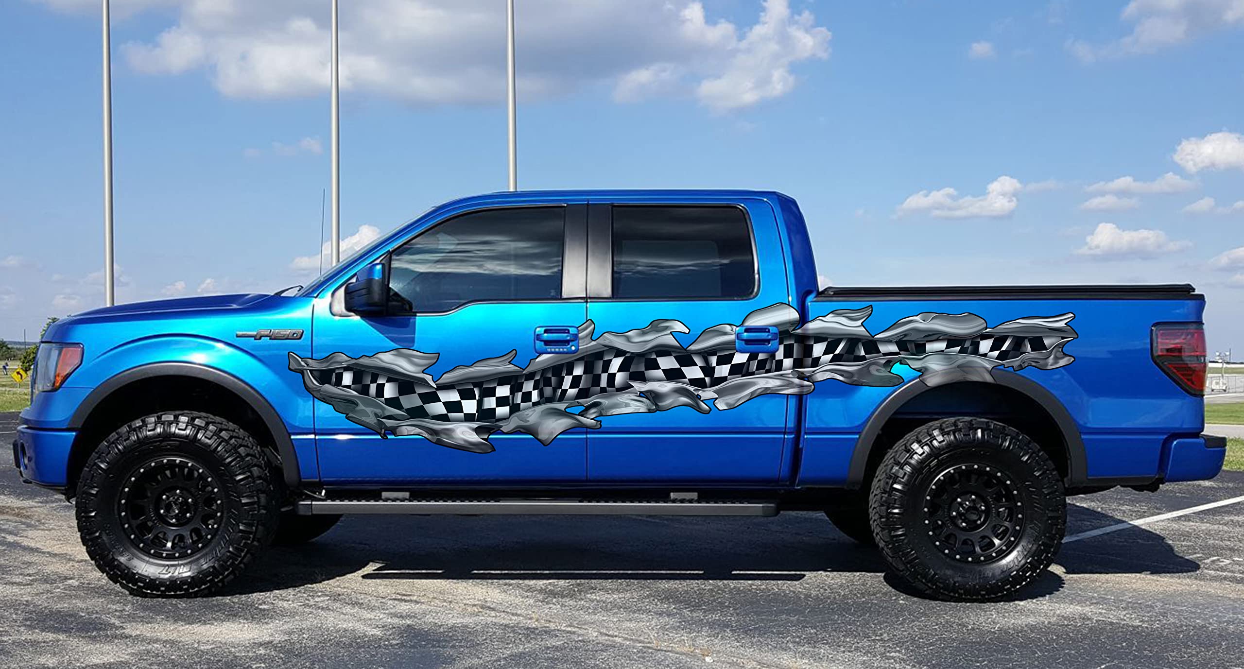 Checkered Flag Ripped Metal Car Decal - Racing Flag Vinyl Wrap for Car Side - Full Color Auto Sticker (20x70) - Perfect for Racing Enthusiasts & Custom Car Designs