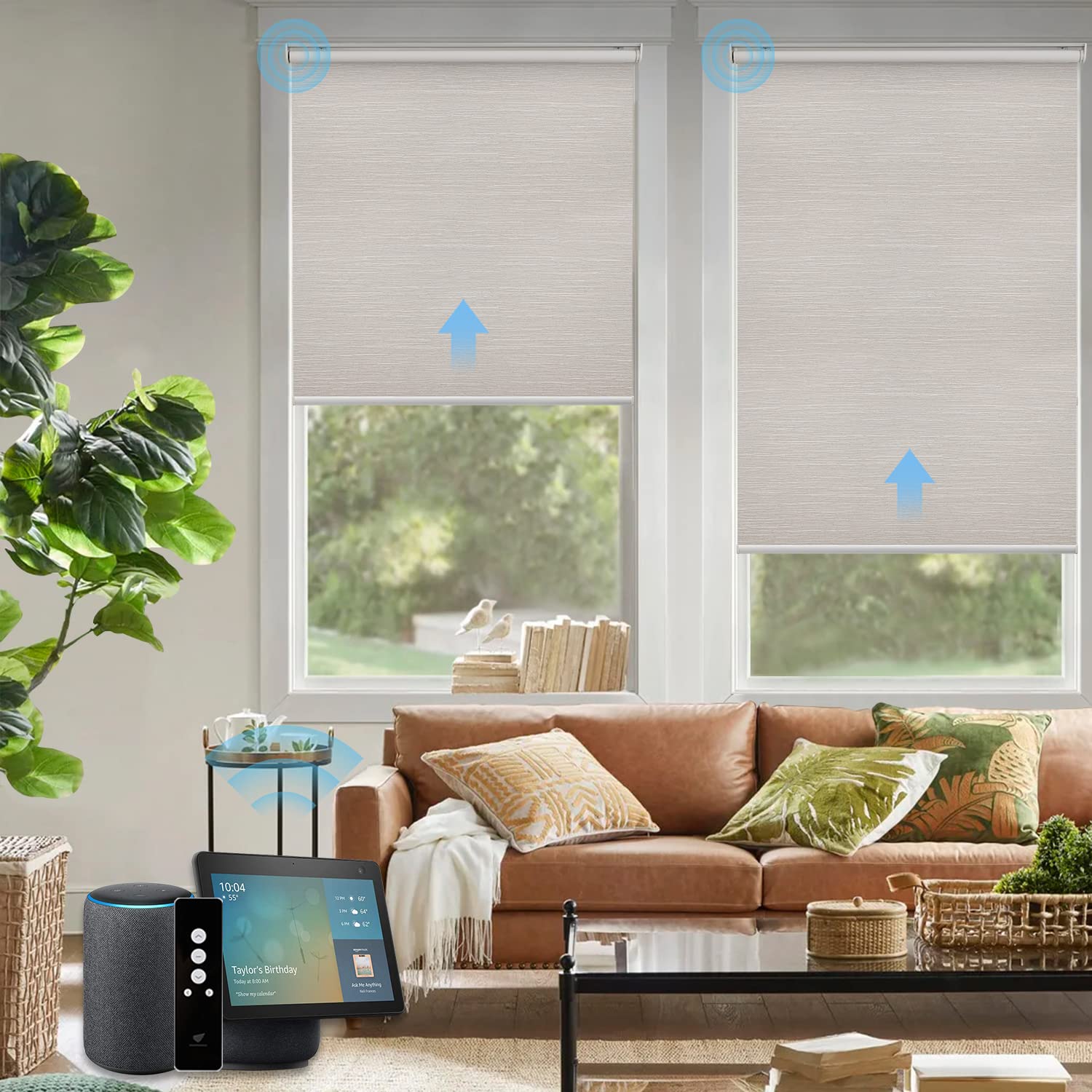 SmartWings Motorized Roller Shades - 100% Blackout Smart Window Blinds with Zigbee Motor, Alexa & Remote Control - Rechargeable Cordless Shades for Home Automation (Beige, 34