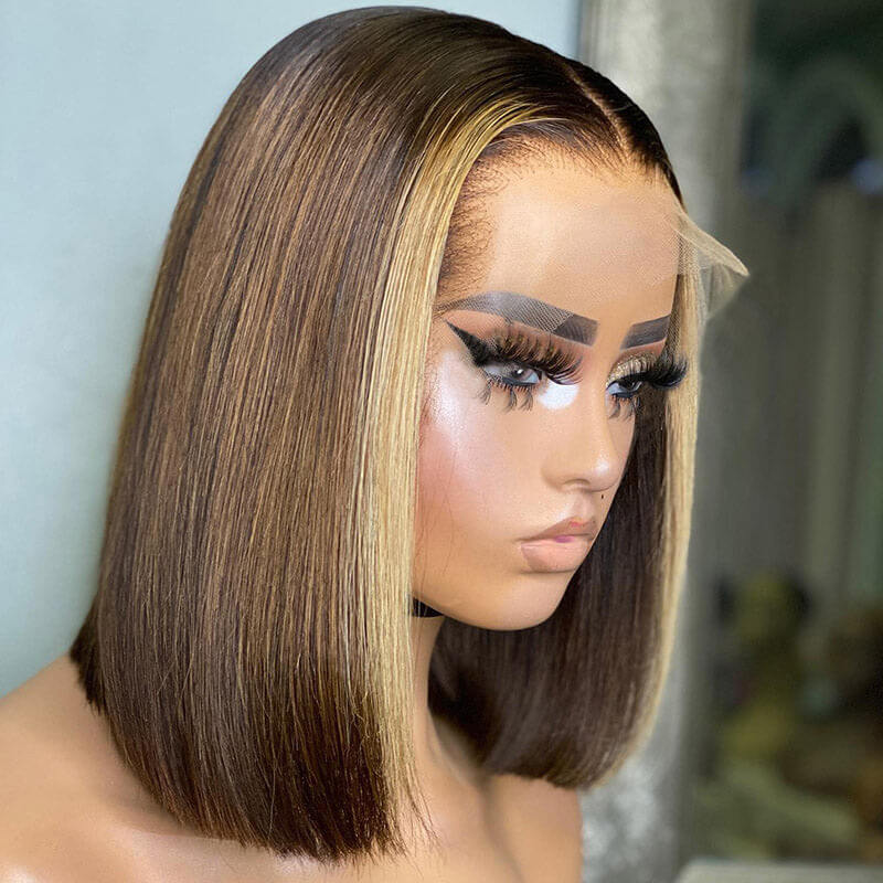 Eullair Short Layered Straight Bob Wig - Chocolate Brown with Honey Blonde Highlights 100% Human Hair Wavy Loose Wig for Women | Perfect for Cosplay, Daily Wear & Costume Parties