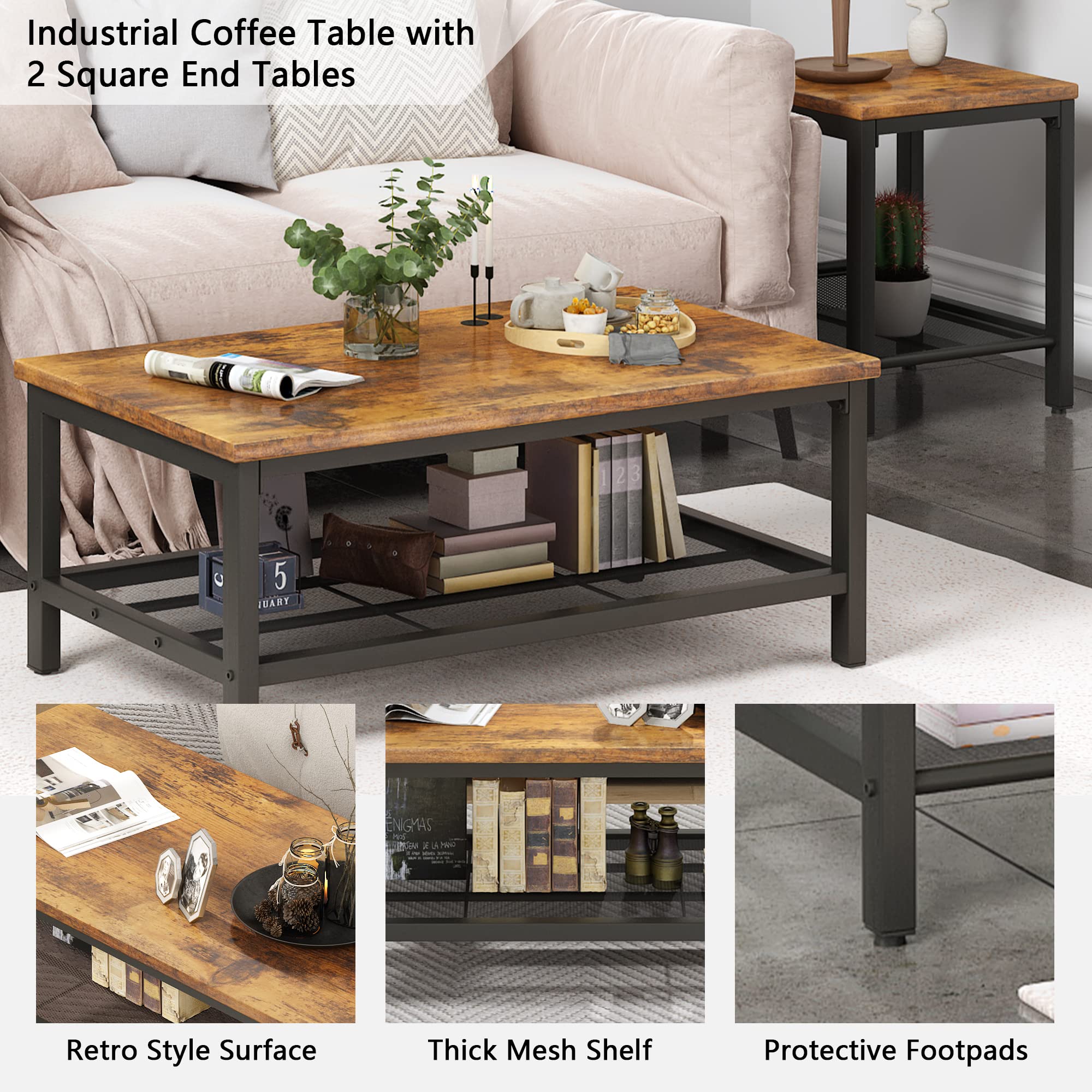 Lamerge 3-Piece Industrial Coffee Table Set with Metal Frame - Rustic Brown Living Room Tables (Coffee Table + 2 Square End Tables) for Apartment, Home Office & Modern Farmhouse Decor | Perfect for Small Spaces, Entertaining Guests & Stylish Home Furnishing