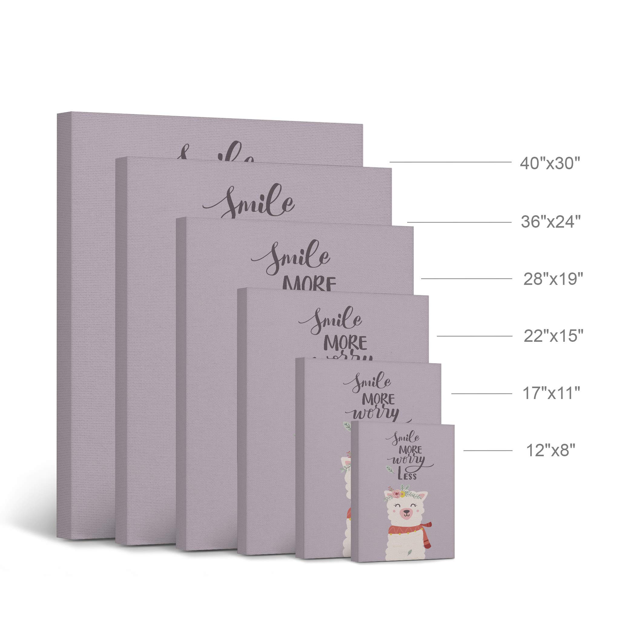 Smile Art Design - Cute Alpaca Canvas Print with 'Smile More Worry Less' Quote, Purple Background Wall Art for Kids Room, Nursery & Baby Room Decor - 40x30 Inches, Made in USA | Perfect for Children's Bedrooms, Playrooms & Gift Ideas