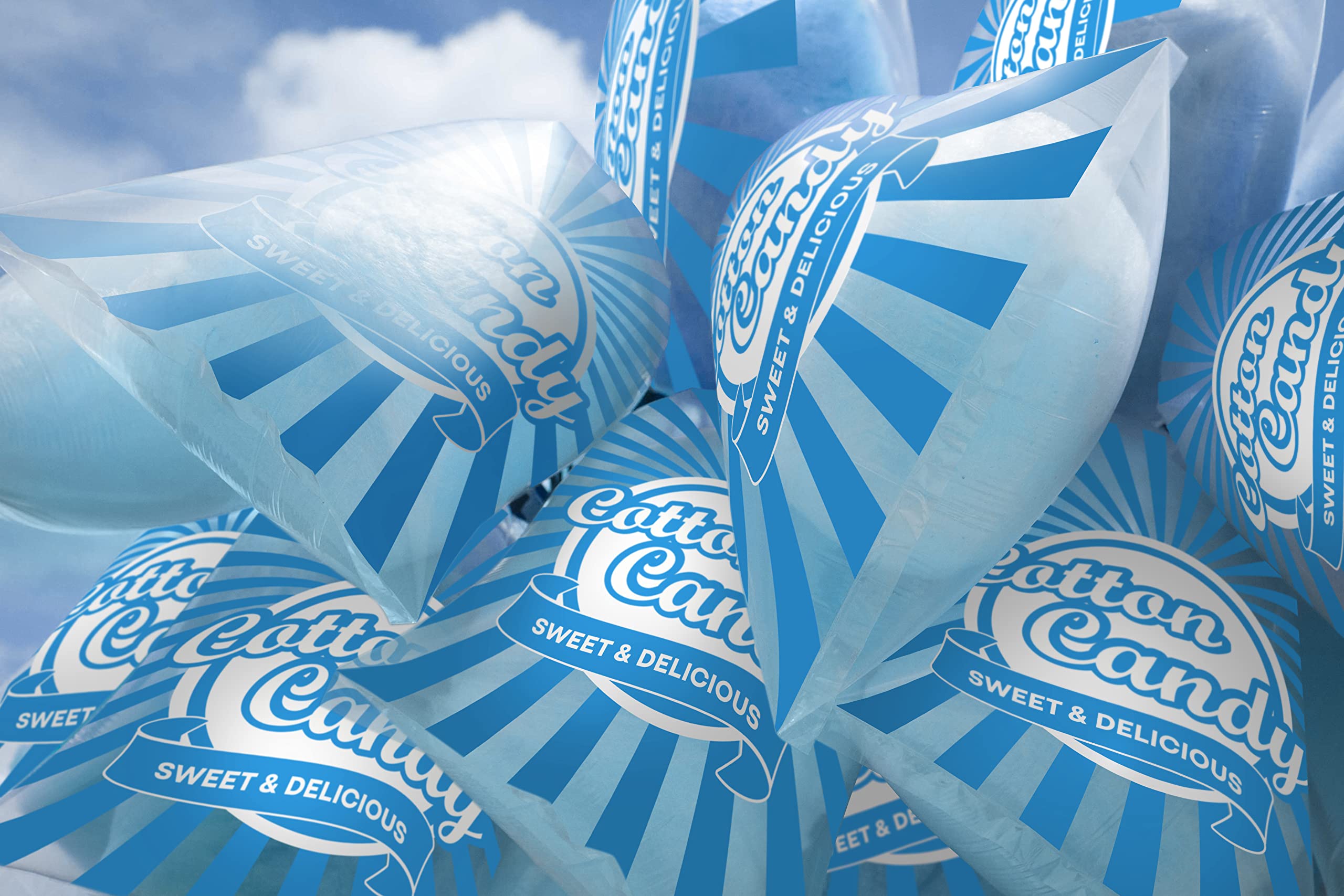 100 Count Cotton Candy Bags with Ties - 11.5x18.5 Inch Clear Printed Party Bags for Carnivals, Birthday Parties & Events (Blue) - Perfect for Candy Packaging, Party Favors & Sweet Treat Displays