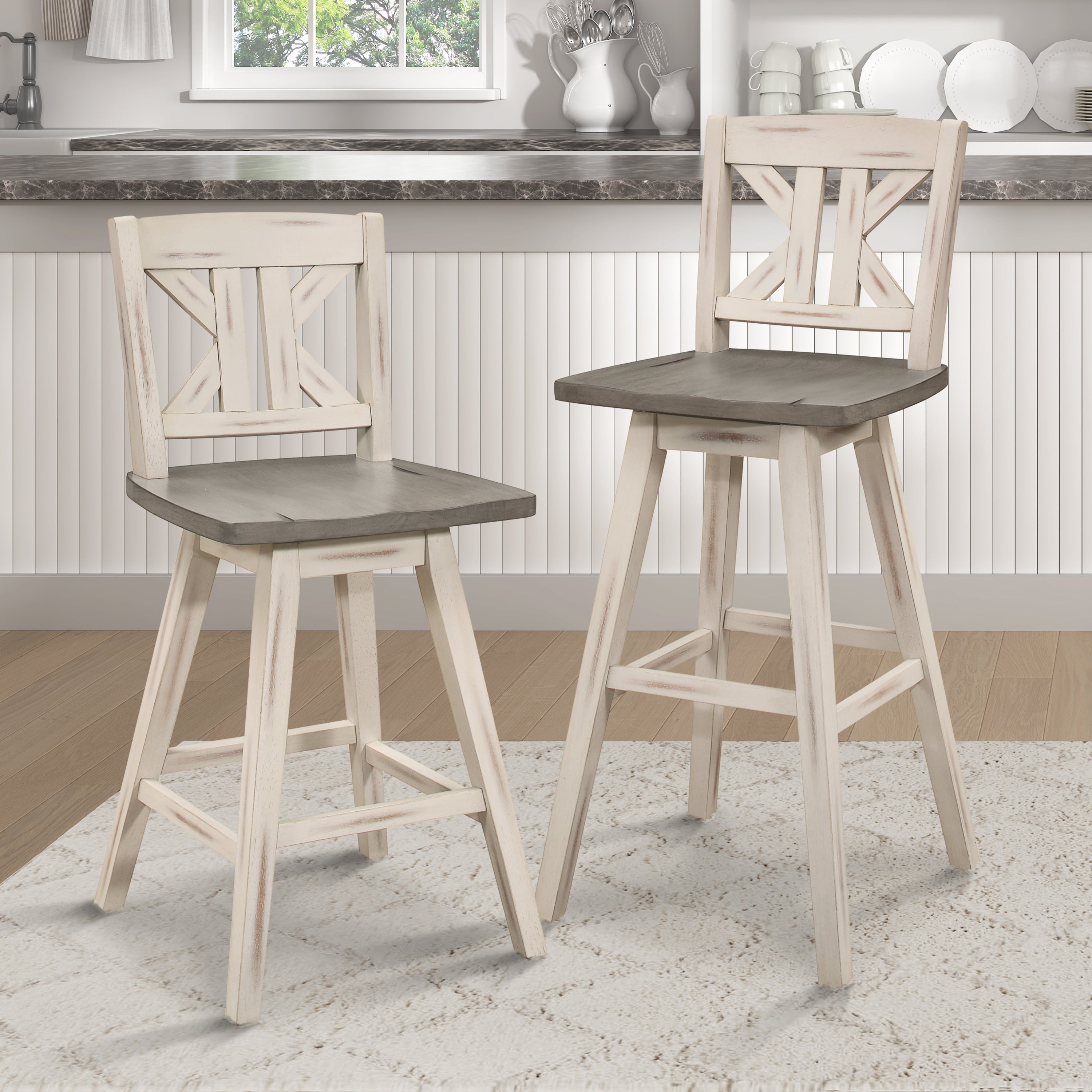 360 Degree Swivel Counter Height Chairs Set of 2 - White & Gray Solid Rubberwood Kitchen Bar Stools with Divided X Back - Perfect for Breakfast Nook, Kitchen Island & Small Dining Spaces