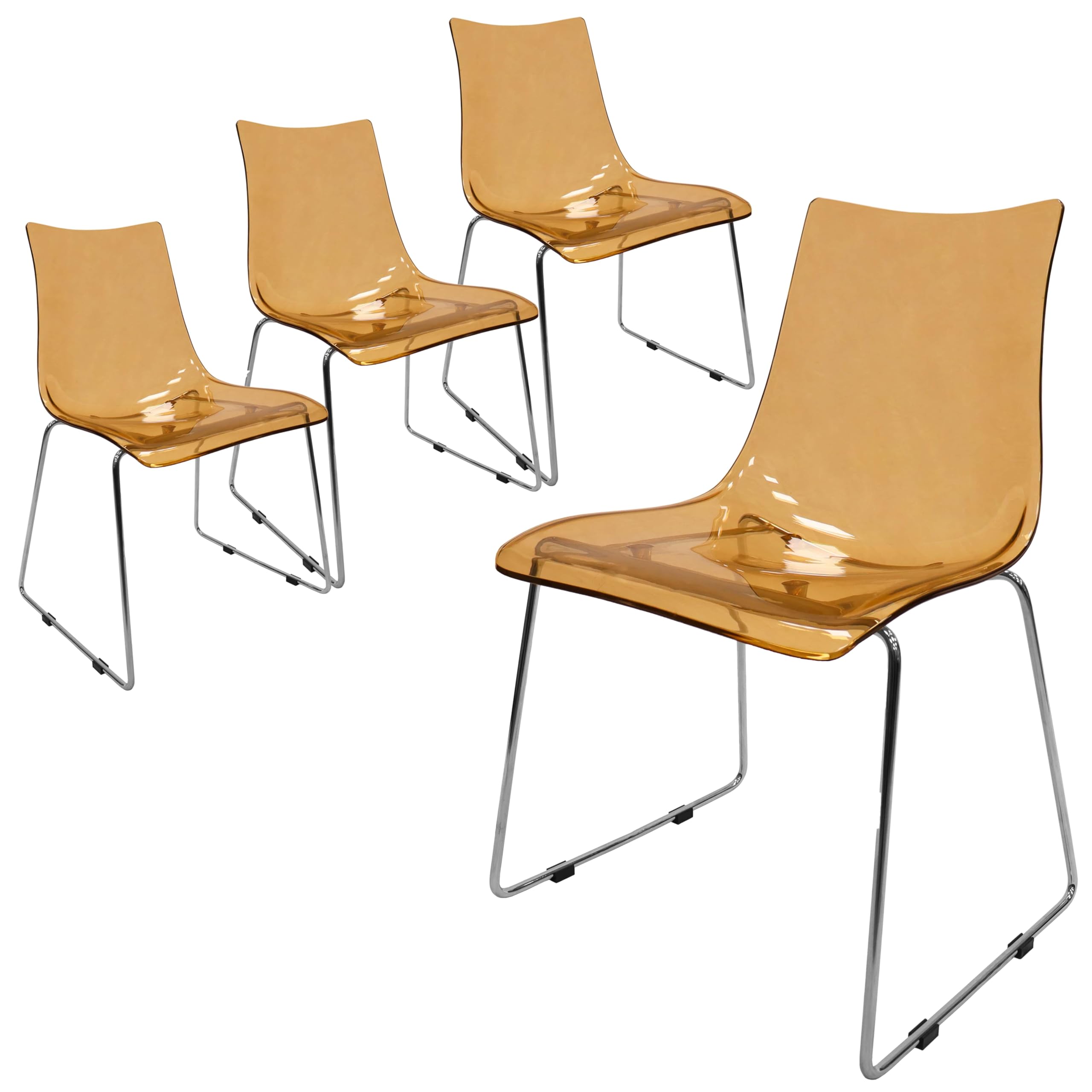 LeisureMod Lima Mid-Century Modern Acrylic Chrome Finish Steel Frame Stackable Accent Side Chairs - Set of 4 Amber - Perfect for Kitchen, Dining Room, Office or Outdoor Patio Seating