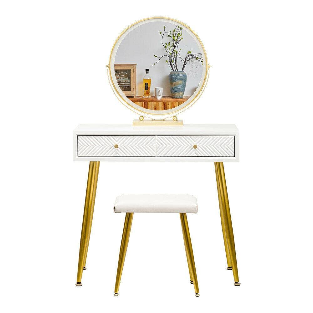 SverdlofG White Vanity Table Set with 3-Light Mirror & Cushioned Stool - Makeup Dressing Desk for Bedroom, Portable Vanity Table with Side Storage, Perfect for Small Spaces & Apartment Living