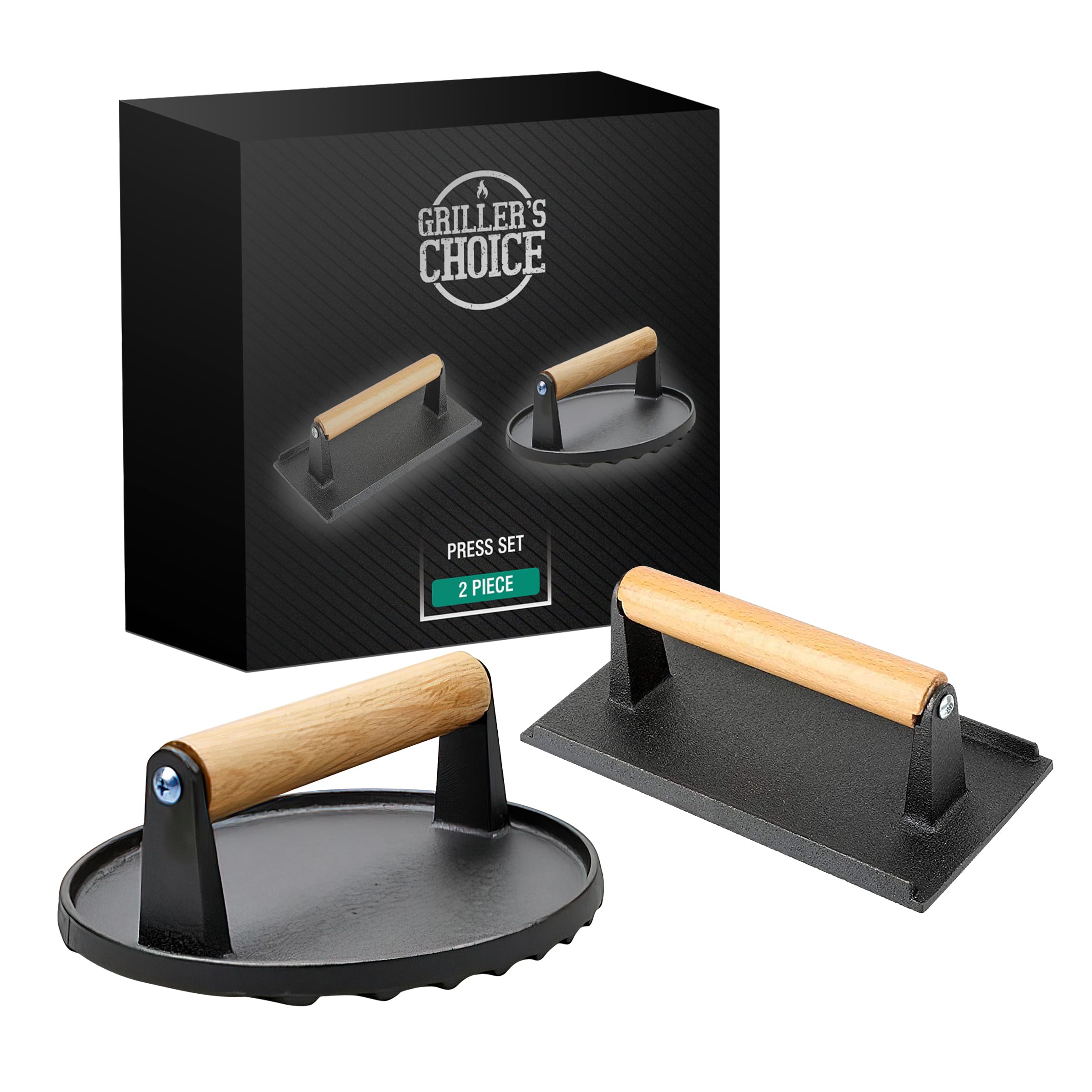 Premium Cast Iron Bacon Press & Grill Press 2-Piece Set - Heavy Duty Meat Press, Hamburger Smasher for Grilling, Griddle Cooking & BBQ - Perfect for Chefs, Home Cooks & Outdoor Enthusiasts (Ideal for Burgers, Steaks, Paninis & Breakfast Cooking)