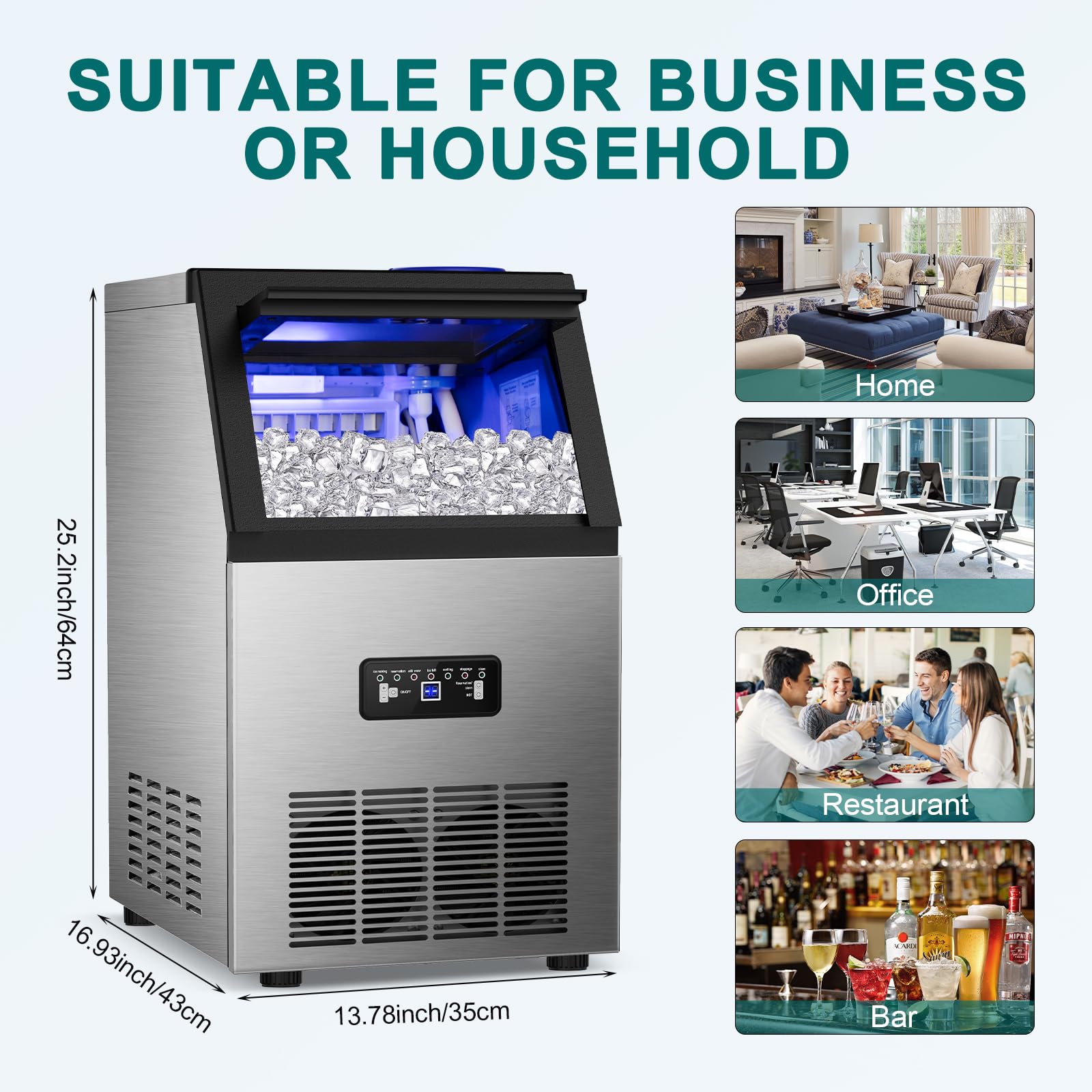 Commercial Ice Maker Machine 100Lbs/24H, 36Pcs Clear Ice Cubes in 11-20Mins, Stainless Steel Undercounter Ice Machine with 23Lbs Storage - Perfect for Home Bars, Parties, Restaurants & Offices - 2 Way Water Supply System