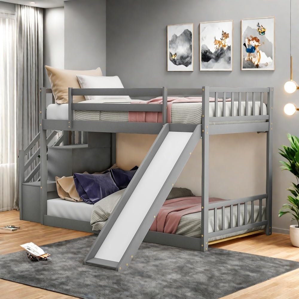 SOFTSEA Twin Over Twin Low Bunk Bed with Stairs and Slide - Kids & Teens Space-Saving Bedroom Furniture for Small Rooms, Dorms, and Sleepovers - Sturdy Wooden Loft Bed with Safety Rails