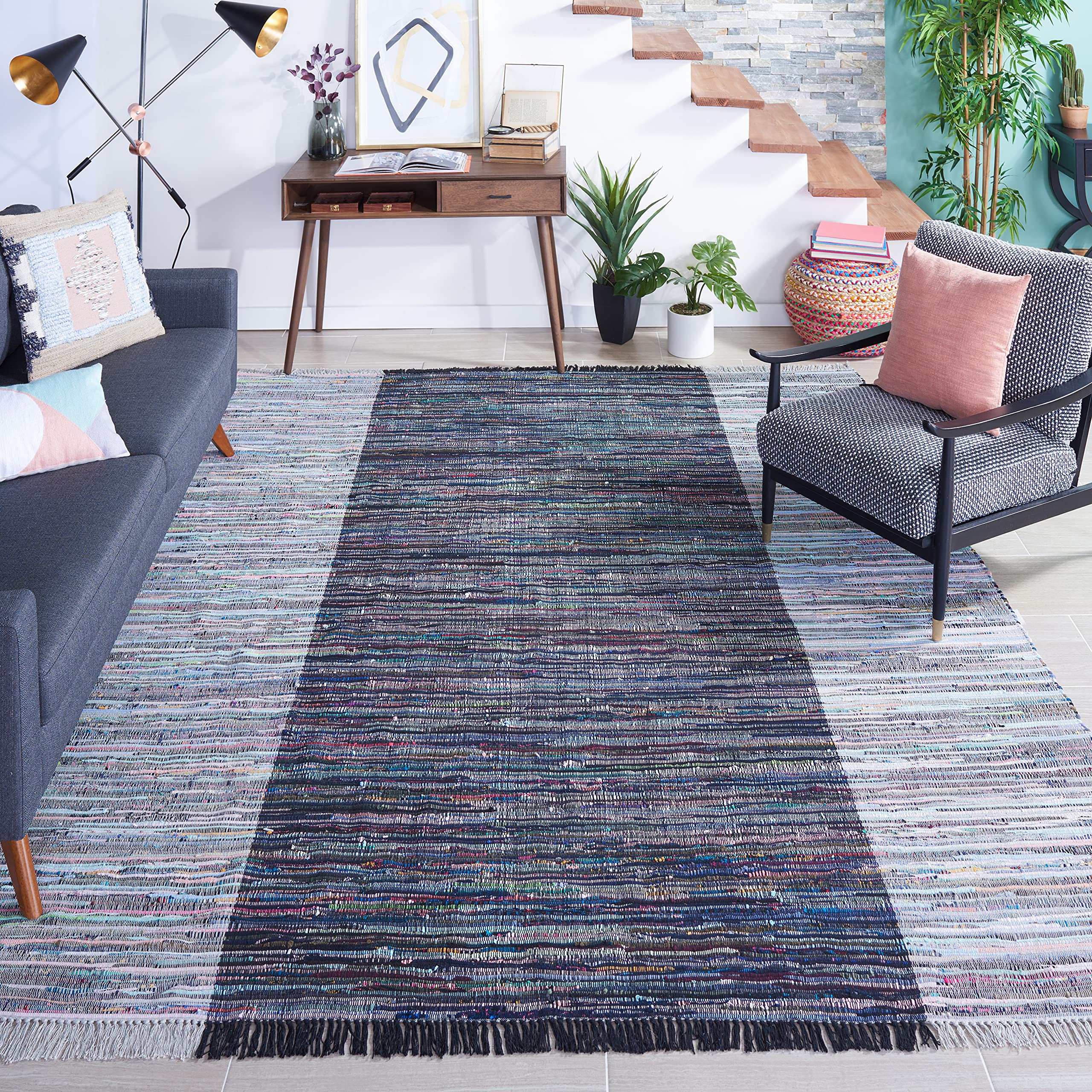 SAFAVIEH Handmade Boho Stripe Cotton Area Rug 8' x 10' - Grey & Black Rag Rug for Living Room, Bedroom & High Traffic Areas | Durable & Stylish Home Decor (RAR122F) | Perfect for Boho Chic, Farmhouse & Modern Interior Design
