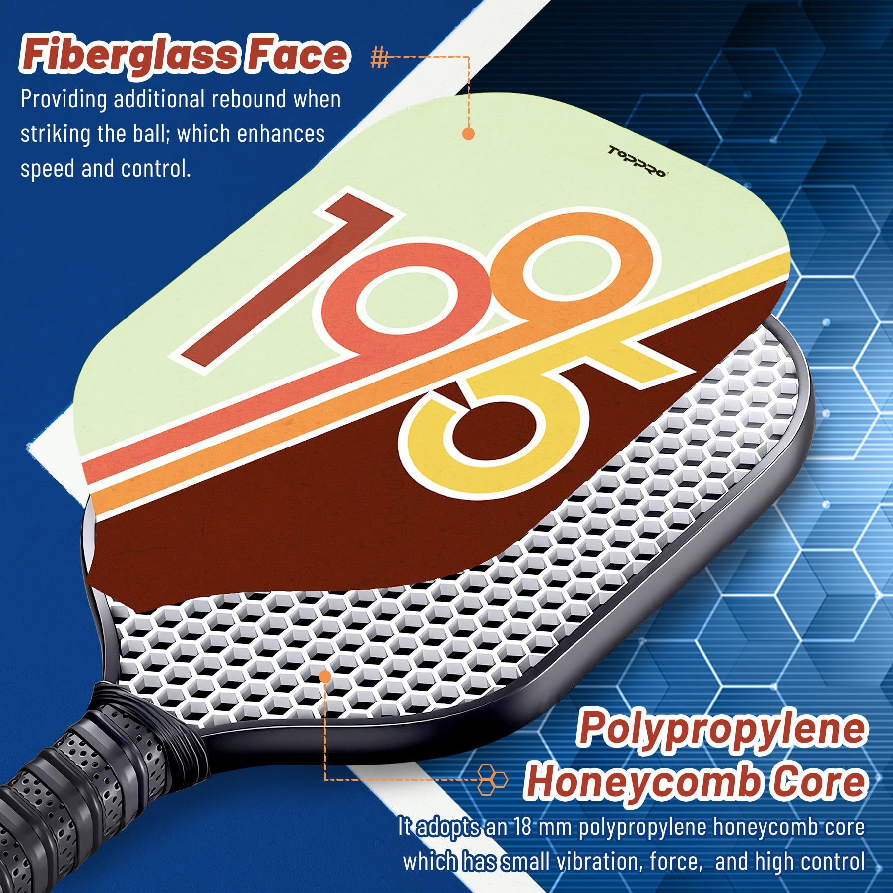 Premium Pickleball Paddles Set of 2 - Fiberglass Surface & Polypropylene Honeycomb Core - Lightweight Rackets with 4 Balls (2 Indoor + 2 Outdoor) & Carry Bag - Perfect for Recreational Play, Tournaments & Family Fun