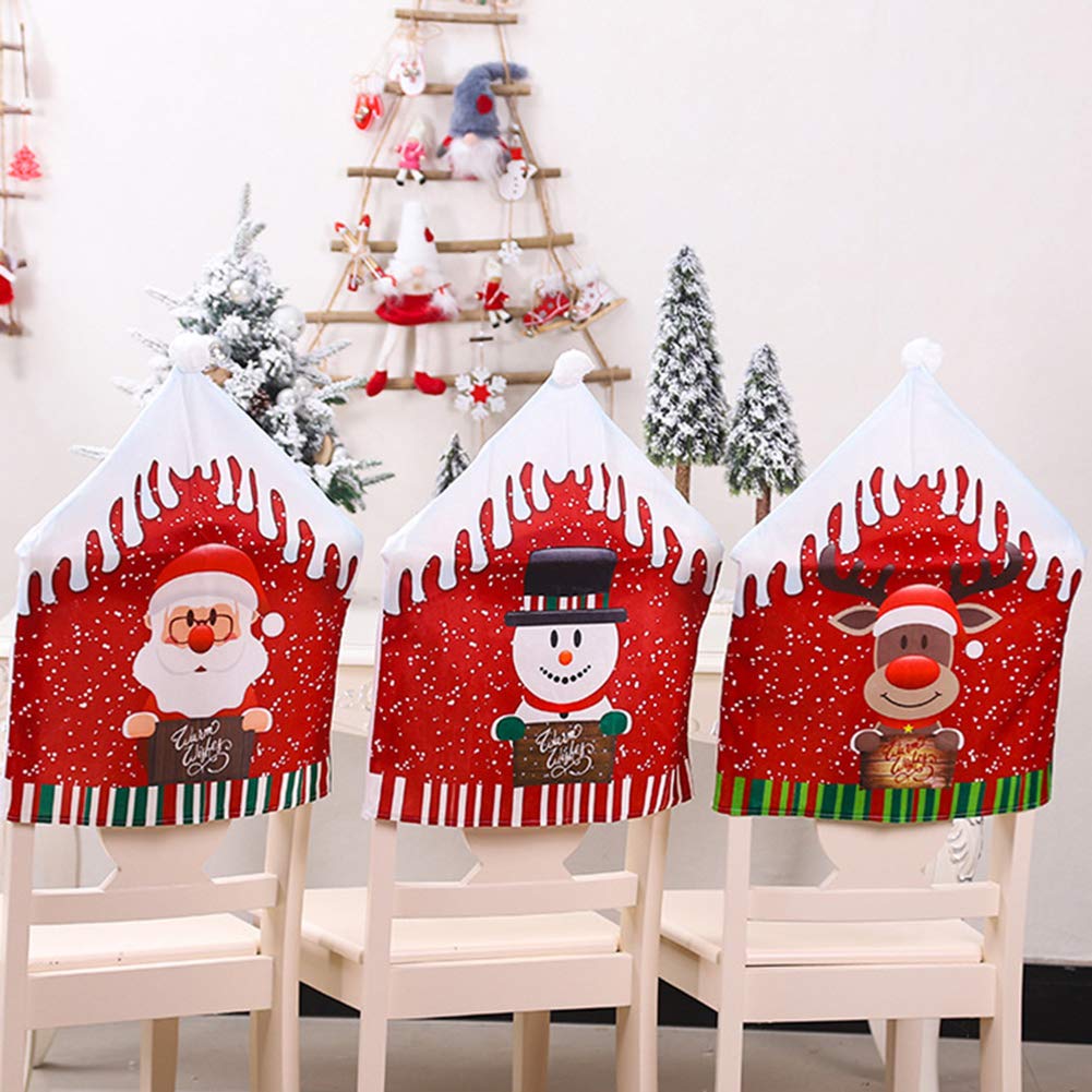 3-Piece Christmas Chair Covers Set - Snowman, Santa Claus & Elk Designs for Holiday Decor | Festive Dining Room & Kitchen Decorations | Perfect for Xmas Banquets, Parties & Home Celebrations