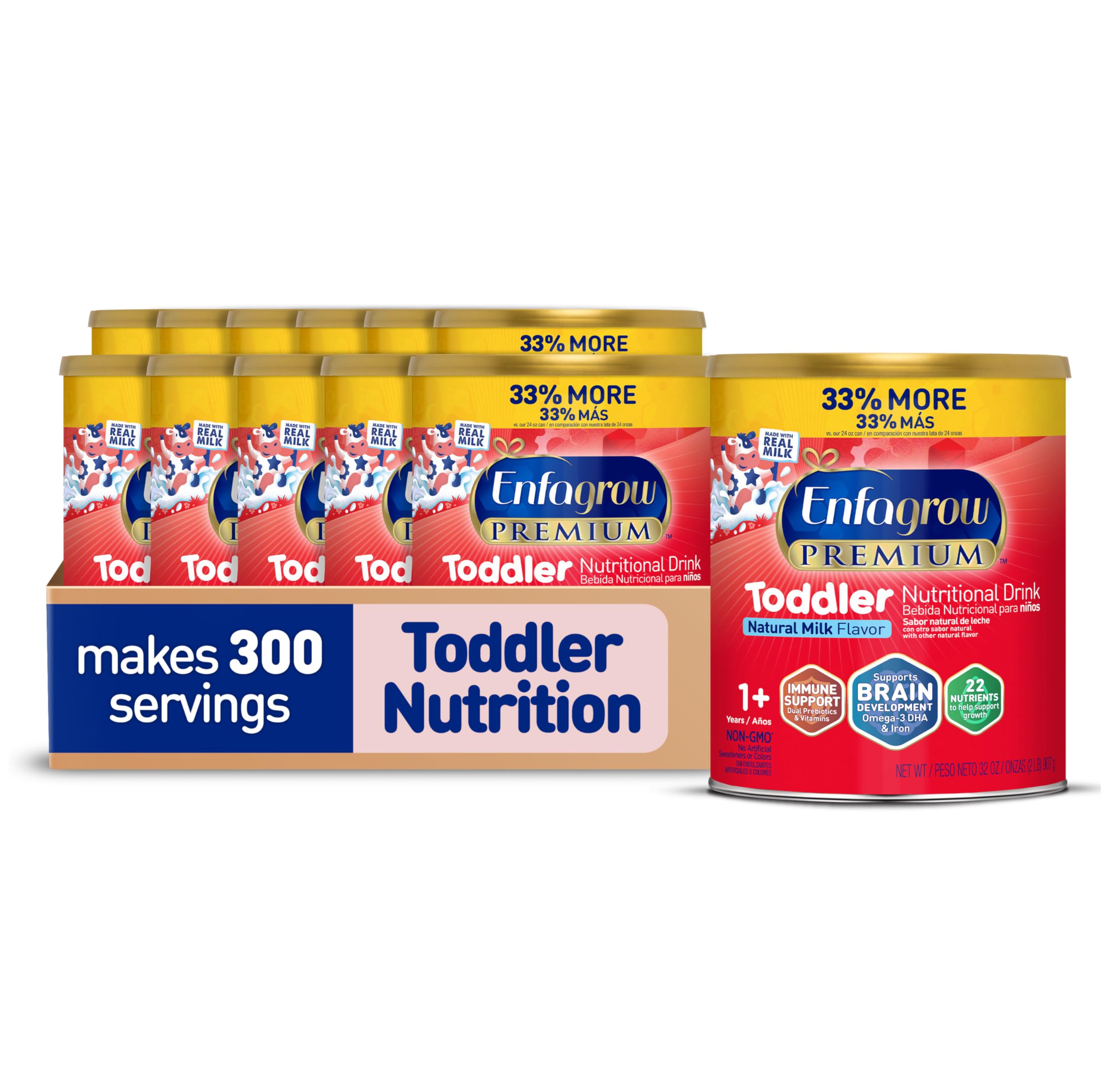 Enfagrow PREMIUM Toddler Nutritional Drink Powder with Real Milk, Omega-3 DHA for Brain Development, Prebiotics for Immune Support - Non-GMO Baby Formula (32oz Can, Pack of 12) - Ideal for Growing Toddlers at Home, Daycare or Travel