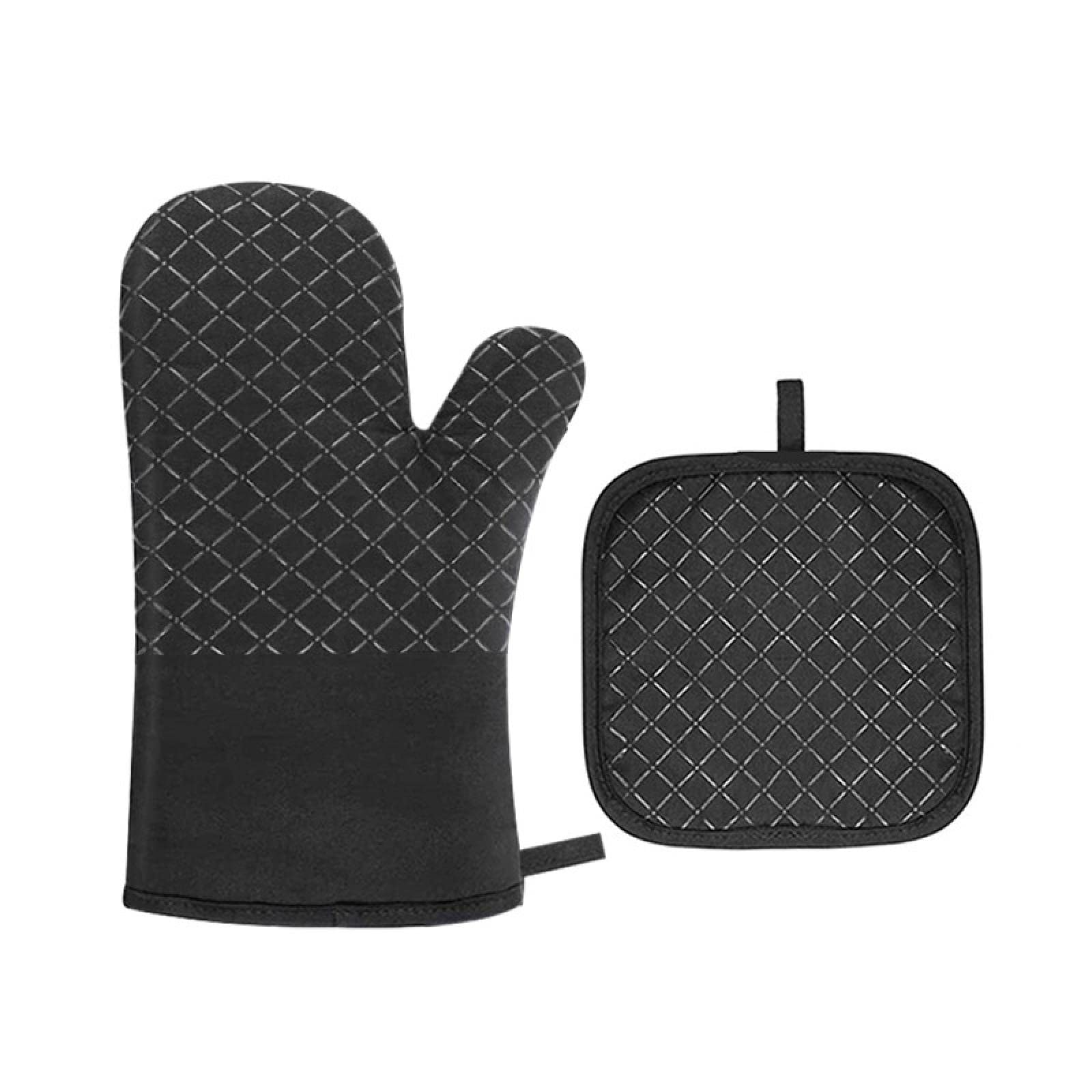 ALZKE Heat Resistant Oven Gloves - Pure Cotton Silicone Anti-Slip Microwave & Baking Gloves (27cm, Black Plaid) - Set of 1 Glove + 1 Mat for Cooking, Grilling, and Kitchen Safety