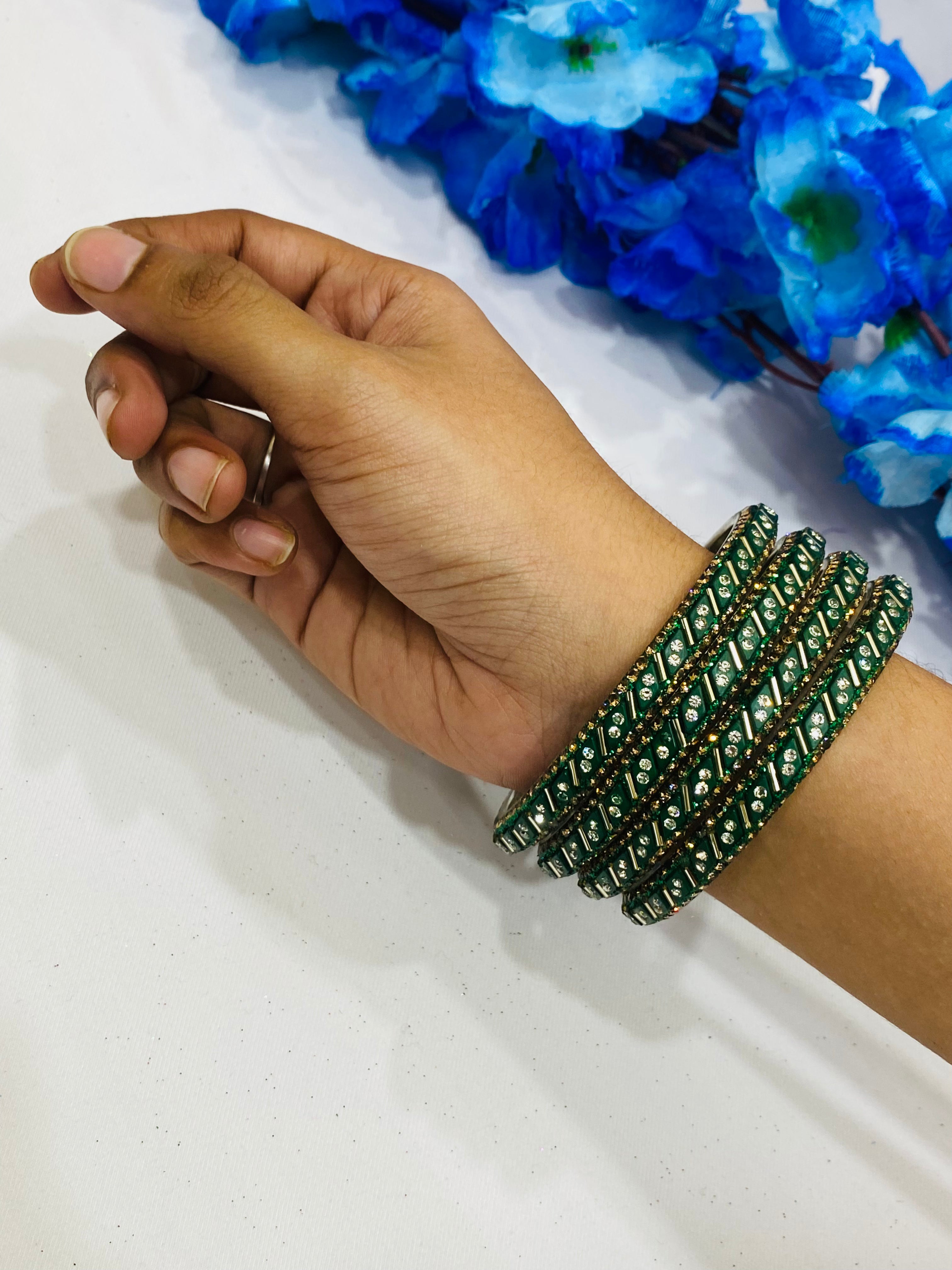 Elegant Green Metal Bangles with Sparkling White Stones for Women - Perfect for Parties, Weddings & Everyday Fashion Accessories