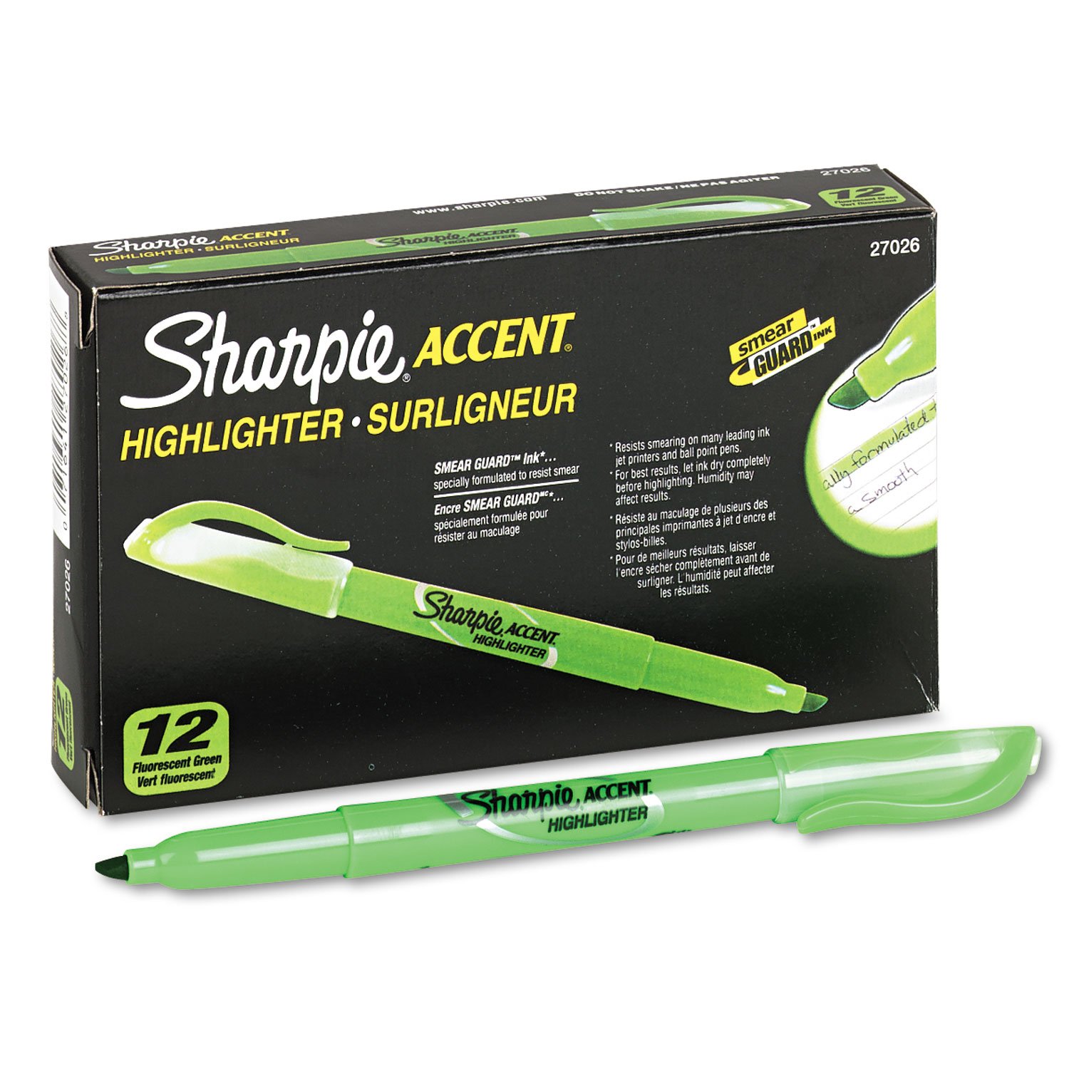 SHARPIE 27026 Chisel Tip Highlighter, Fluorescent Green - 12 Pack of Pocket-Style Highlighters for Office, School & Study Notes