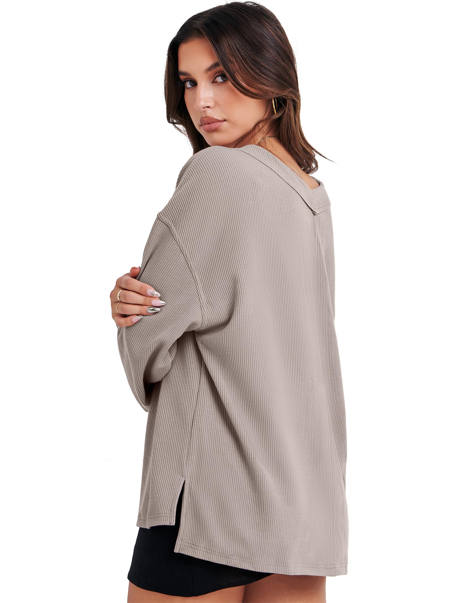 Caracilia Women's Oversized Off-Shoulder Long Sleeve Waffle Knit Sweater - V-Neck Pullover Top for Fall 2024 | Casual Outfit, Layering Essential & Cozy Winter Fashion