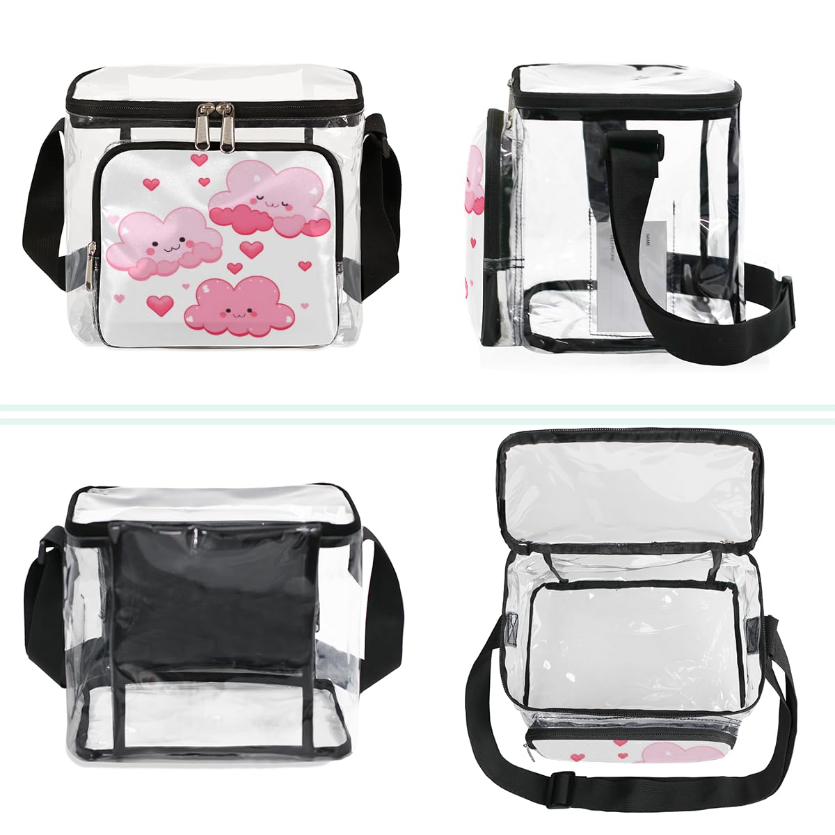 GzLeyigou Cute Pink Clouds Clear Tote Bag with Handles - Transparent Crossbody Shoulder Bag for Lunch, Outdoor, Travel, Picnic - Perfect for Concerts, Sports Events & Stadium Approved (Stadium-Friendly Clear Purse for Women & Girls)