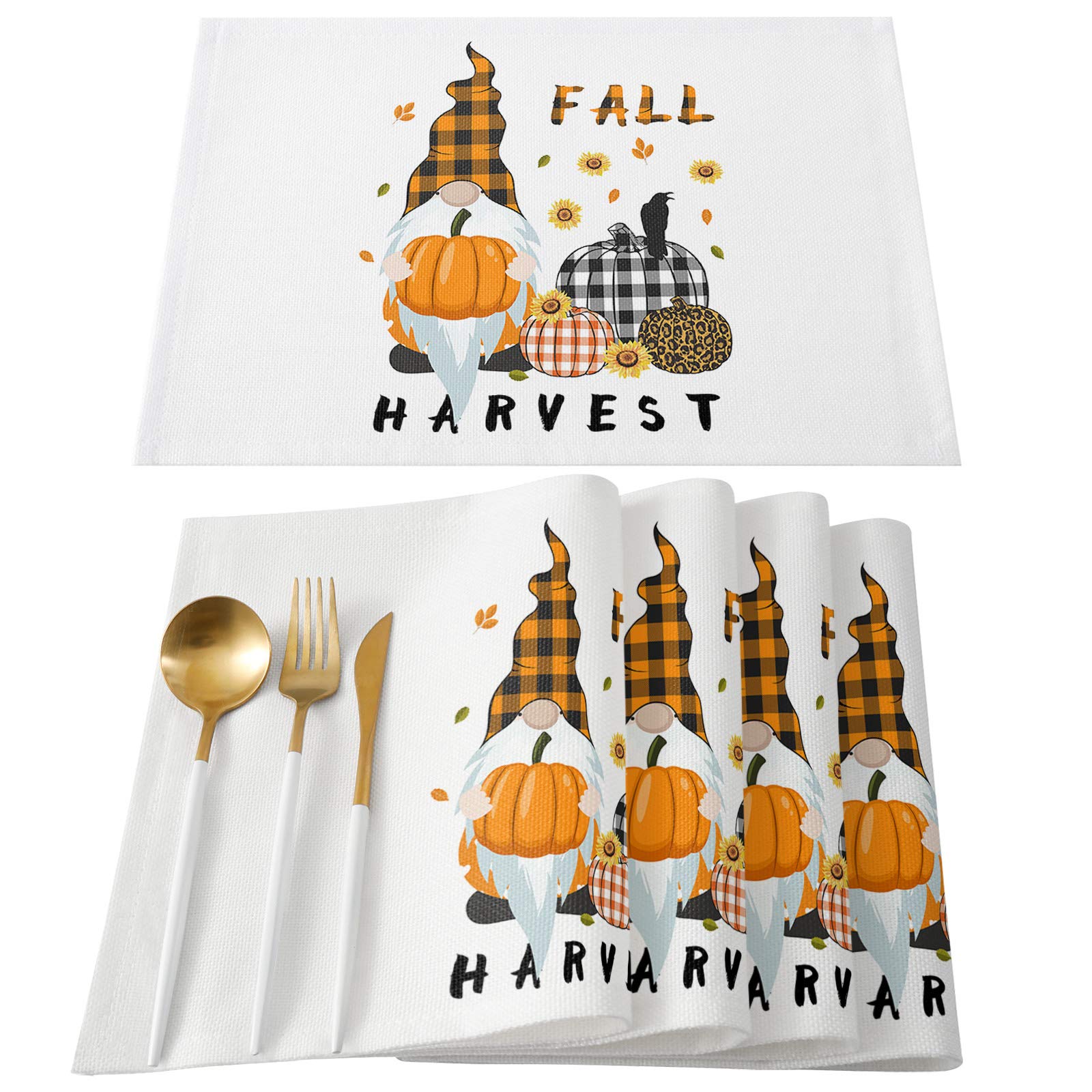 **4-Pack Non-Slip Heat Resistant Round Placemats for Dining Table - Thanksgiving Fall Sunflower Gnome & Maple Leaves Orange Harvest Design - Perfect for Kitchen, Home Decor, Gifts for Women, Men & Kids**    *(Ideal for Thanksgiving dinners, holiday gatherings, and everyday home decor to protect your table in style!)*