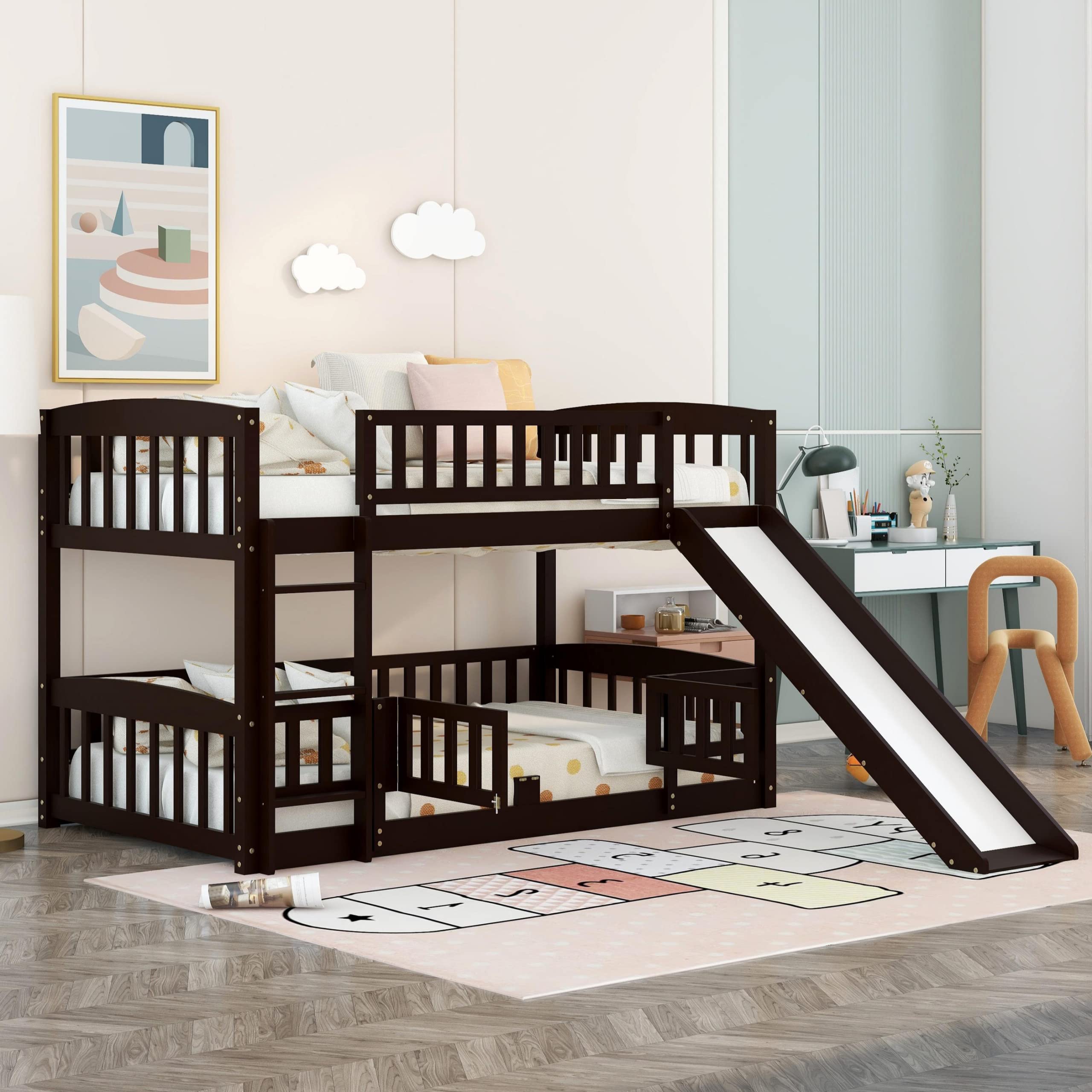 SOFTSEA Twin Over Twin Bunk Bed with Convertible Slide & Ladder - Kids Wood Bunk Bed Frame with Safety Guardrails, Low Profile Floor Bunk Bed with Fence & Door in Espresso - Perfect for Small Bedrooms, Kids' Rooms & Sleepovers
