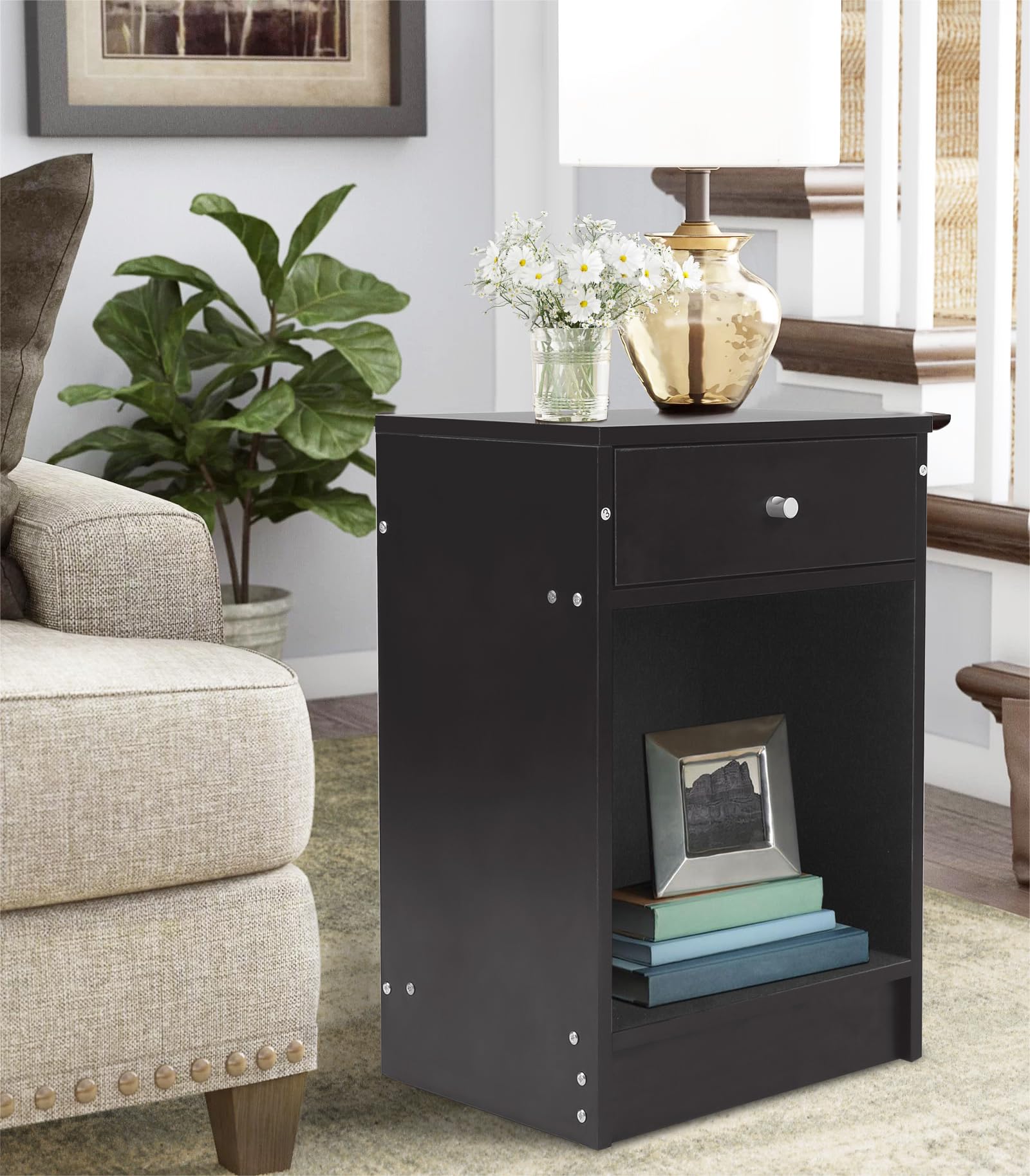 Modern Nightstand Set of 2 with Drawer & Open Shelf - Solid Wood Bedside Tables for Bedroom, Living Room End Tables - Perfect for Storing Books, Lamps & Bedroom Essentials (Black)