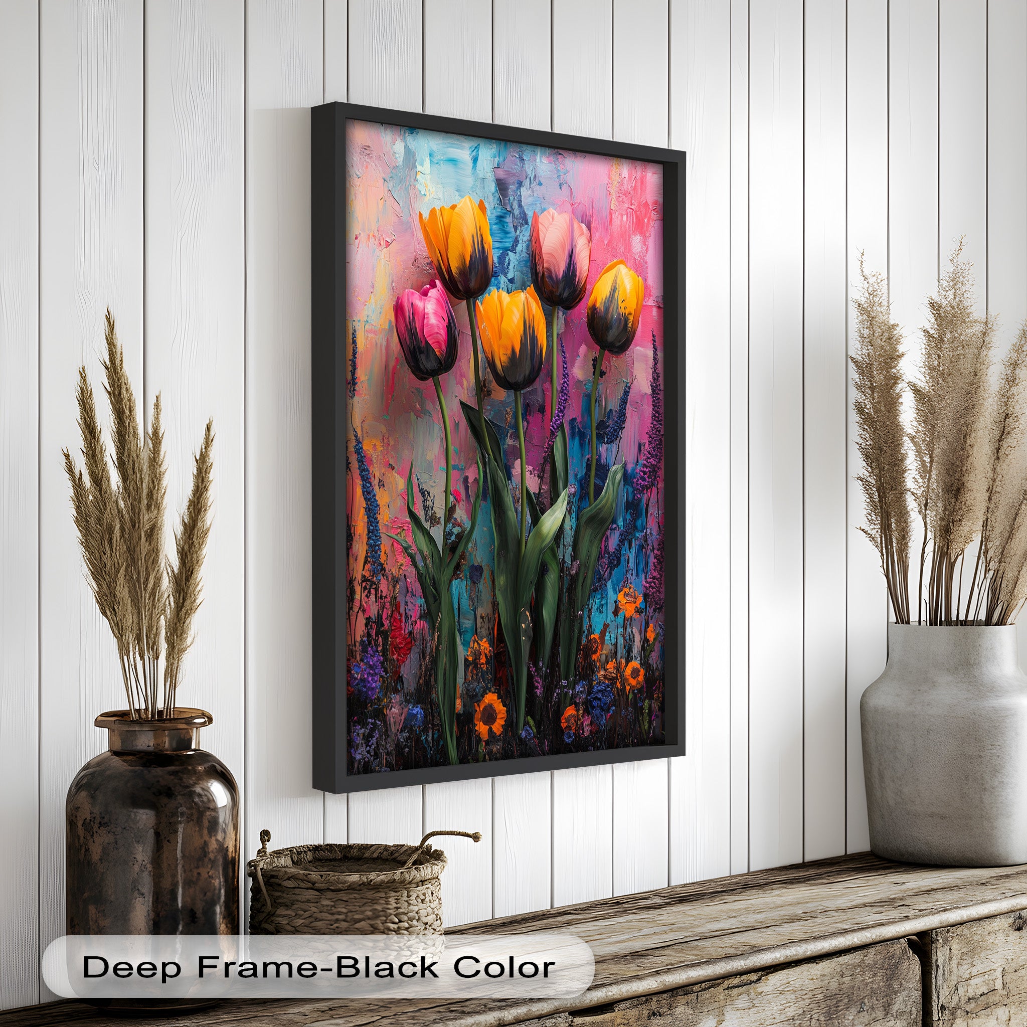Vibrant Tulip Garden Oil Painting - Handmade Floral Artwork for Home Decor, Living Room, Bedroom & Office Wall Art