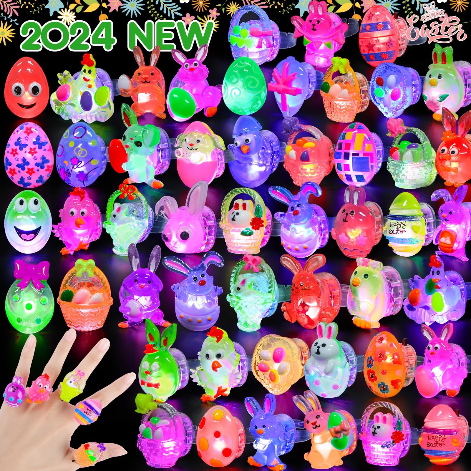 50Pcs Glow in The Dark Finger Light Up Rings - Easter Egg Fillers, Easter Basket Stuffers, Party Favors for Kids - Fun Easter Gifts for Boys & Girls - Perfect for Easter Egg Hunts, Birthday Parties & Nighttime Play