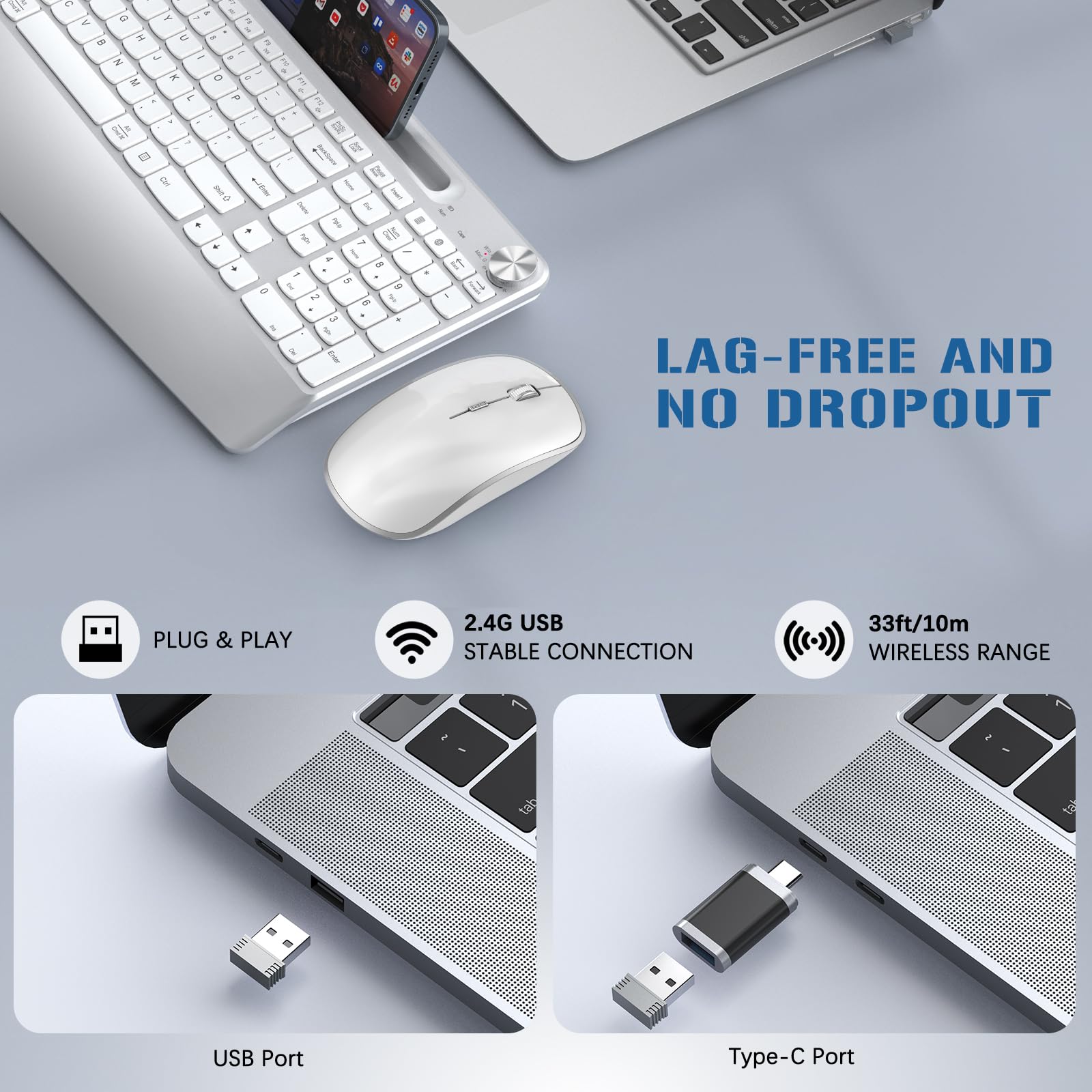Ergonomic Wireless Keyboard and Mouse Combo with Phone Holder & Wrist Rest - Full Size Quiet Keyboard for Mac, PC, Laptop - Volume Control & Silver Design - Perfect for Office, Home & Gaming Use