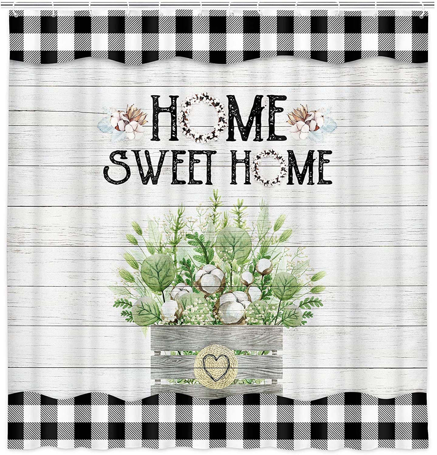 NYMB Rustic Farmhouse Shower Curtain - Modern Floral Green Eucalyptus Leaves on Black & White Buffalo Plaid Checkered Bathroom Curtain - Vintage Country Gray Wooden Fabric Shower Liner (36x72 inches) - Perfect for Farmhouse, Cottage & Vintage Style Bathrooms