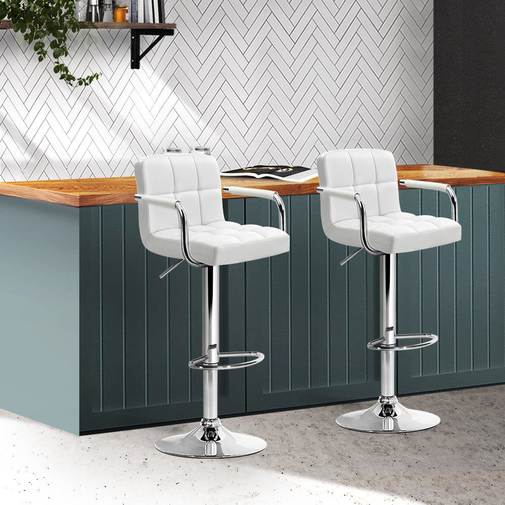 Adjustable White Leather Bar Stools with Gas Lift and Armrests - Perfect for Kitchen Islands, Breakfast Bars, and Home Bars
