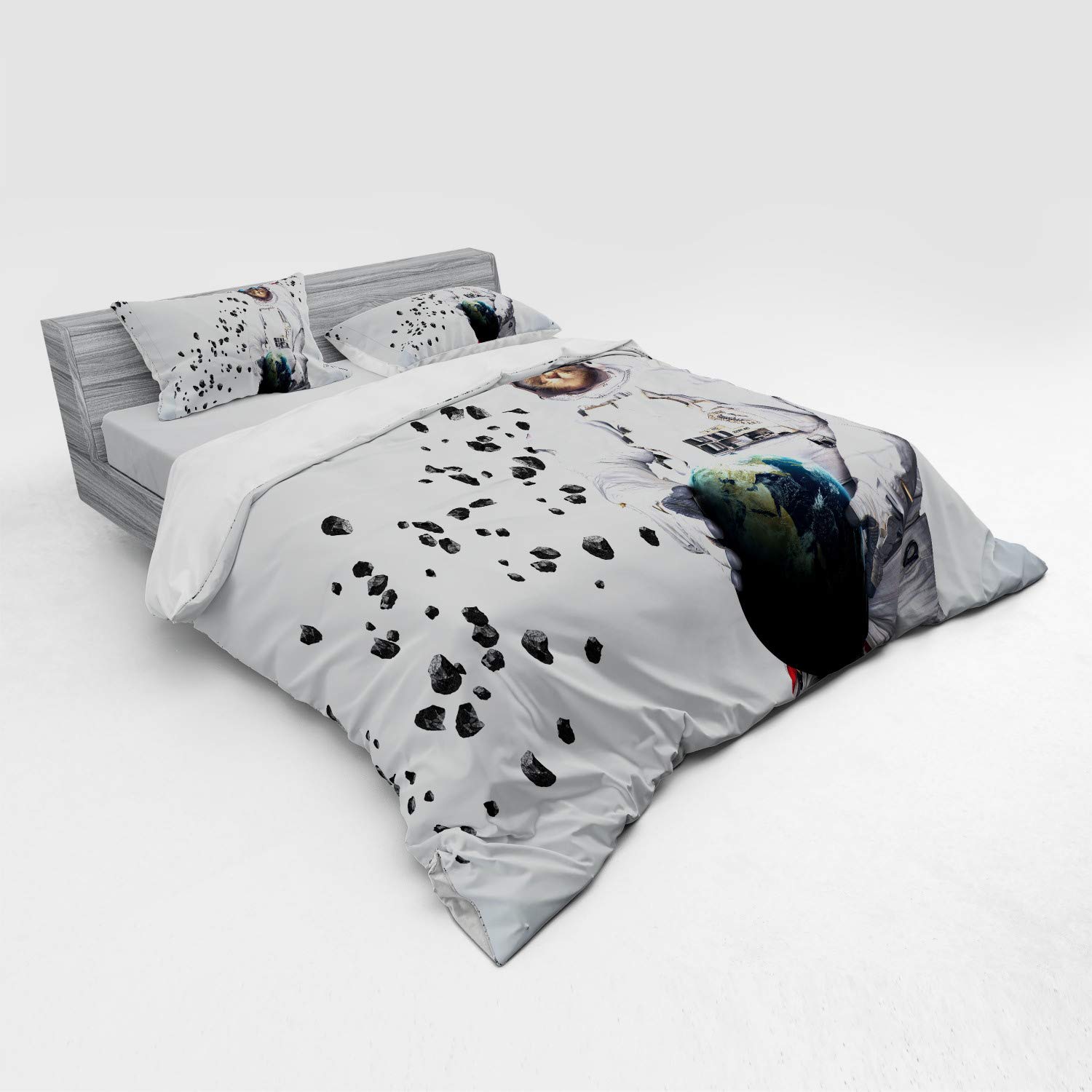 Ambesonne Space Cat Duvet Cover Set - Astronaut Kitten in Space Suit Holding Planet with Galaxy Design, 4-Piece King Size Bedding Set with Pillow Shams & Fitted Sheet, White Black Blue - Perfect for Kids' Rooms, Space Themed Bedrooms & Sci-Fi Decor