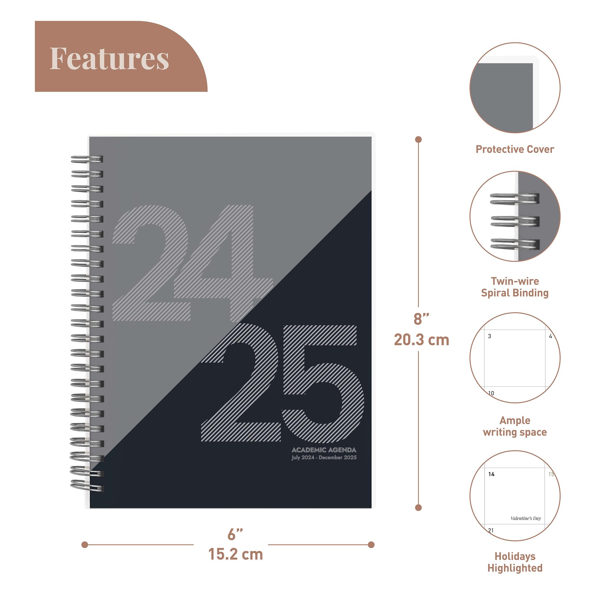 Rileys 2024-2025 Academic Planner - 18-Month Weekly & Monthly Organizer with Flexible Cover, Notes Pages, Twin-Wire Binding (8x6 Inches, Black) - Perfect for Students, Teachers & Professionals