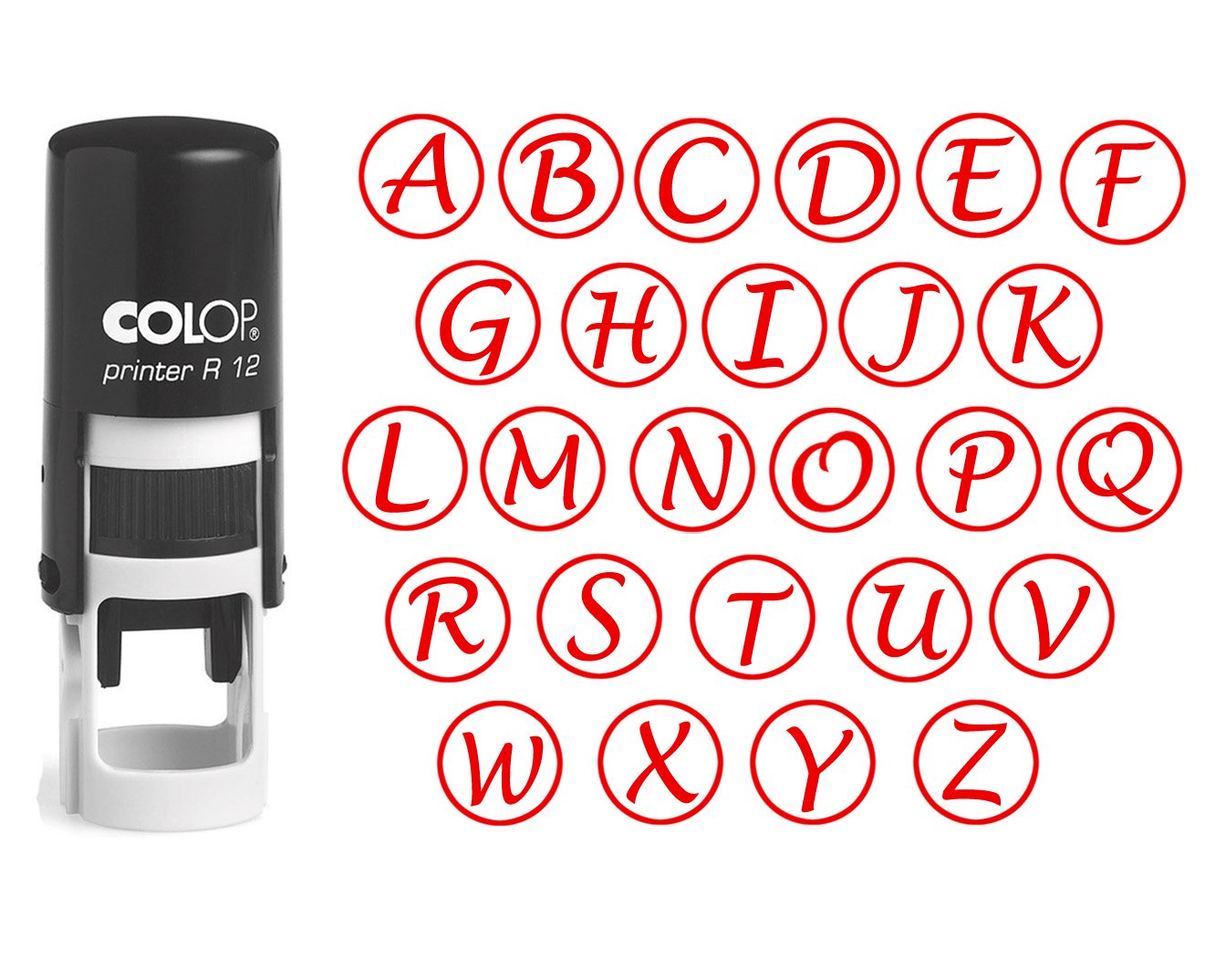Custom A-Z Alphabet Stamp in Red Ink - Monogram Round Rubber Stamp with Self Inking - COLOP Mini Stamper 12 mm for DIY Crafts, Scrapbooking & Personalized Gifts