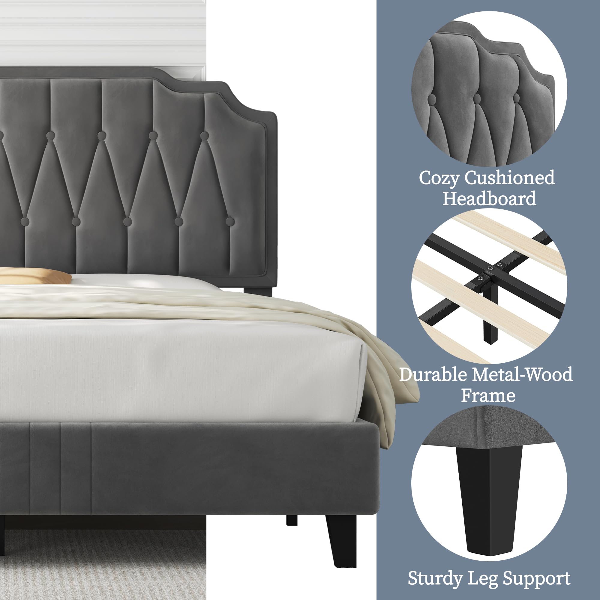 Yaheetech Full Size Bed Frame with Velvet Upholstery, Curved Headboard & Wood Slats - Noise Free, No Box Spring Needed, Easy Assembly, Dark Gray - Perfect for Modern Bedrooms & Guest Rooms