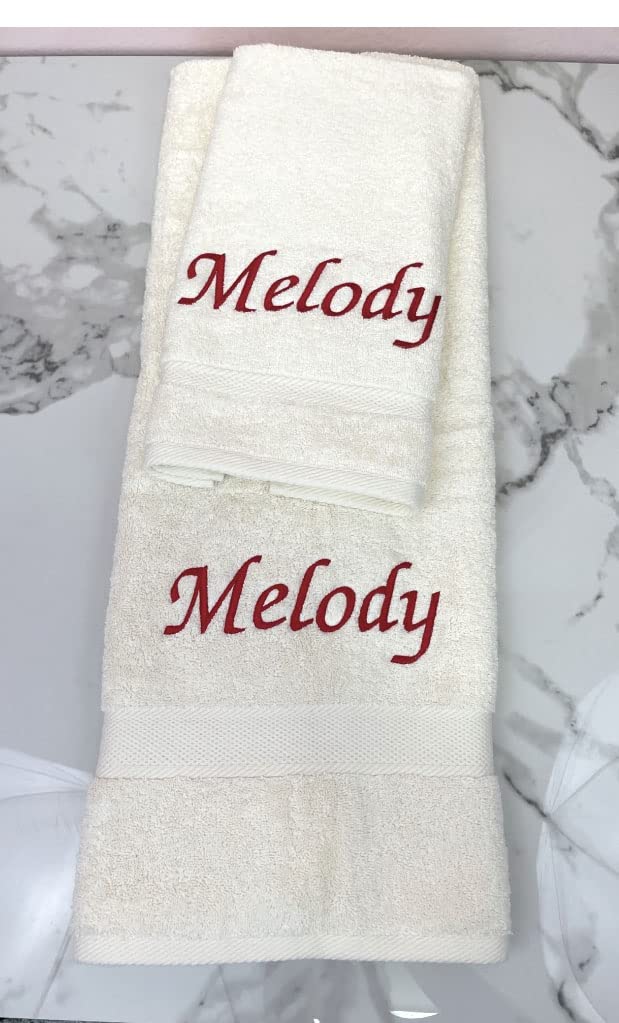 Personalized Monogrammed Bath & Hand Towel Set - Custom Embroidered Cotton Towels (1 Bath + 1 Hand Towel, Cream) - Perfect for Guest Bathrooms, Wedding Gifts & Luxury Home Decor