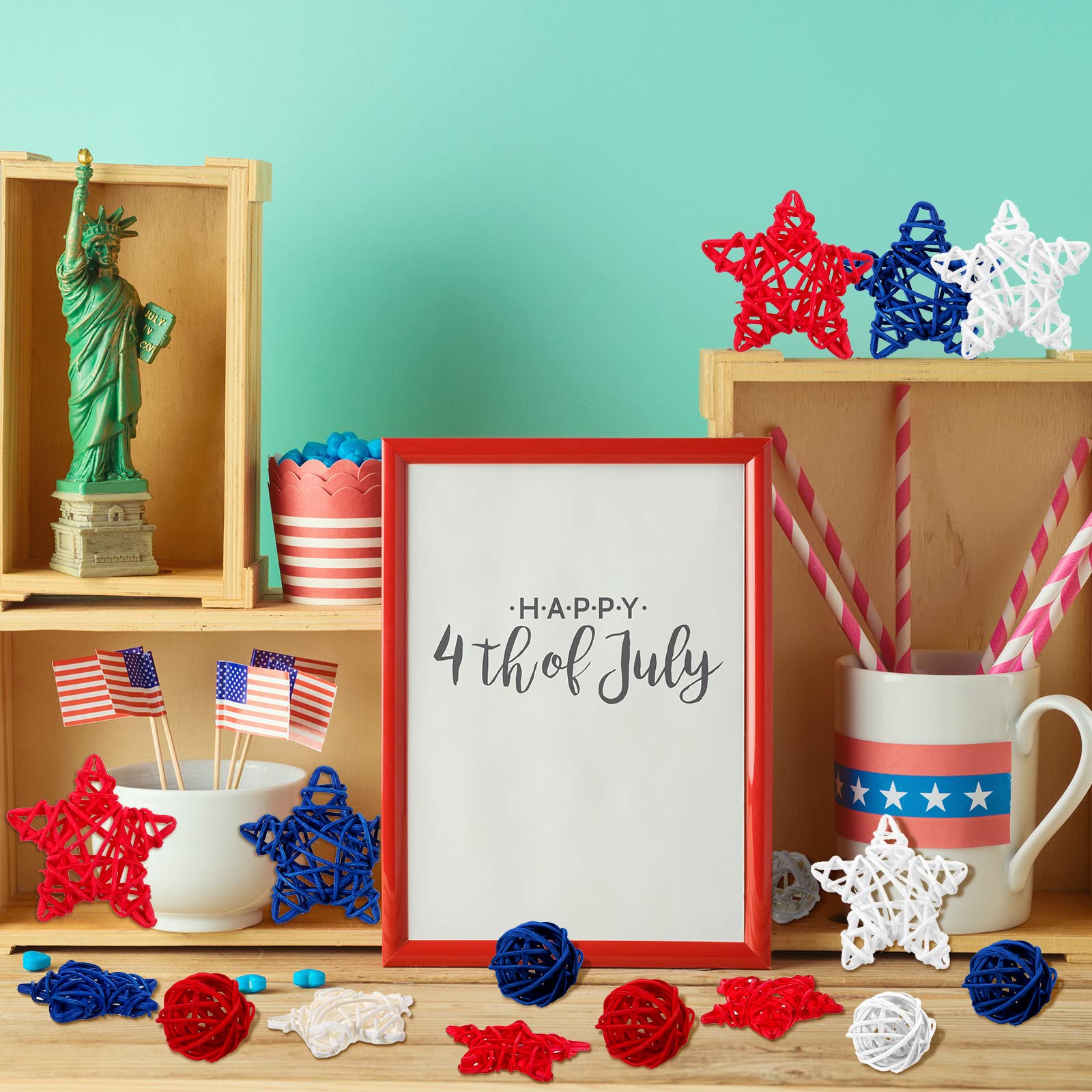 Yulejo 36-Piece Patriotic Vase Filler Set - 4th of July & Memorial Day Decorations, Natural Rattan Decorative Balls for Bowls (Round & Star Shapes) - Perfect for Independence Day Parties, Home Decor, and Patriotic Celebrations