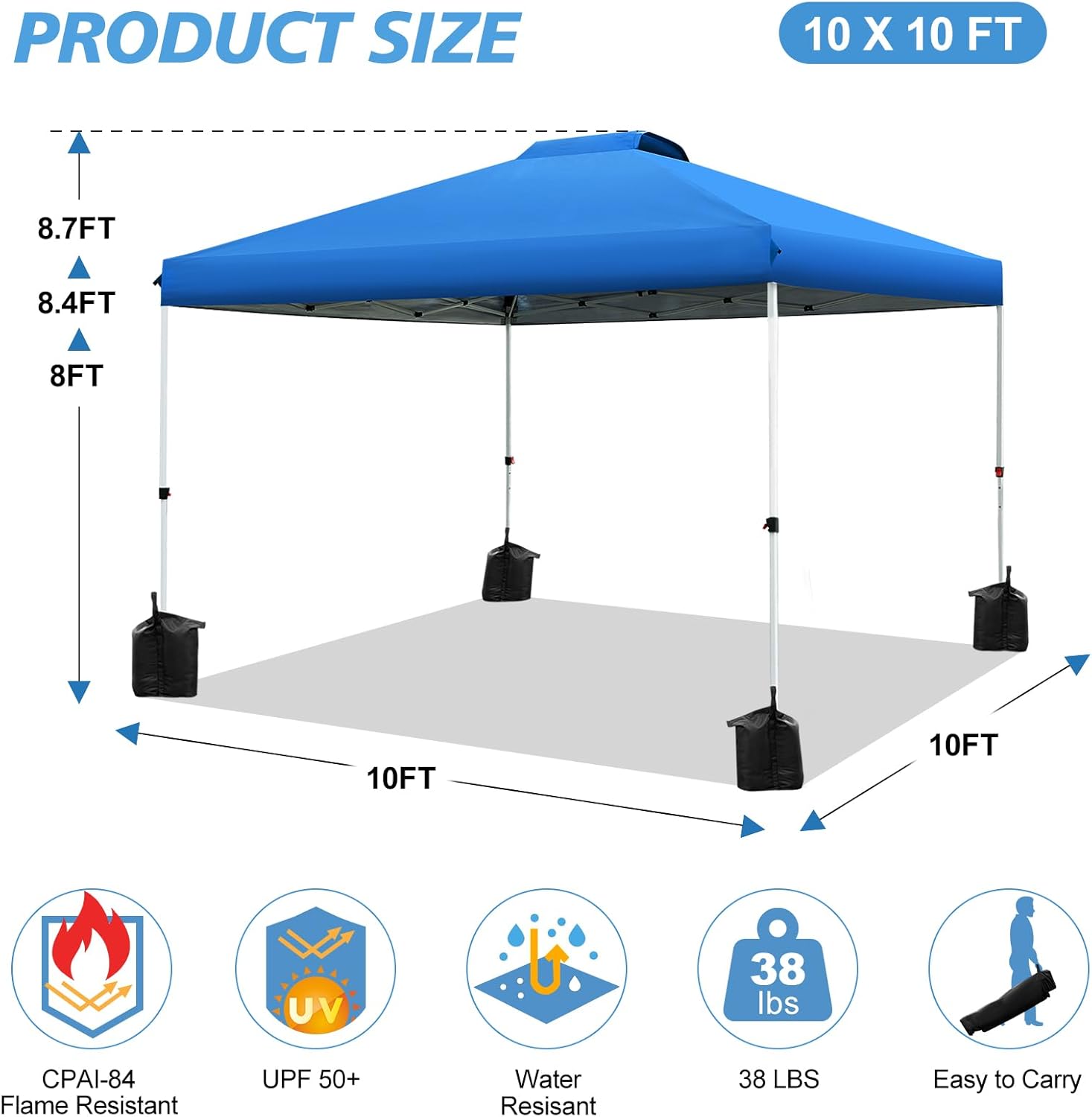 WEIZE 10x10 Pop Up Canopy Tent - Instant One-Button Setup, Adjustable Height Gazebo with 4 Weight Bags | Portable Shelter for Outdoor Events, Camping, Beach & Backyard Parties | Silver Coated Top & Blue Frame Sun Shade Protection
